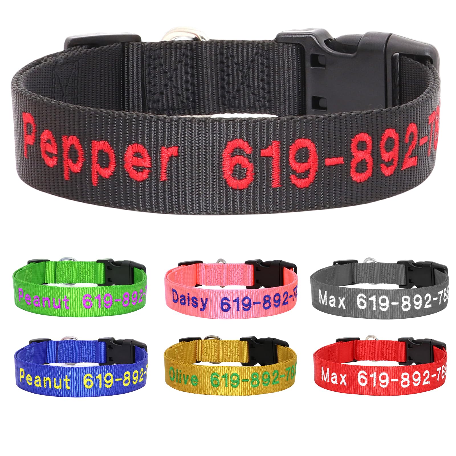 Personalized Embroidered Dog Collars, Custom Dog Name & Phone Number, 5 Adjustable Sizes for XS to XL,Nylon Collars for Boy Girl Dogs,Puppy,Safety Release Metal Buckle and D-Ring,Black