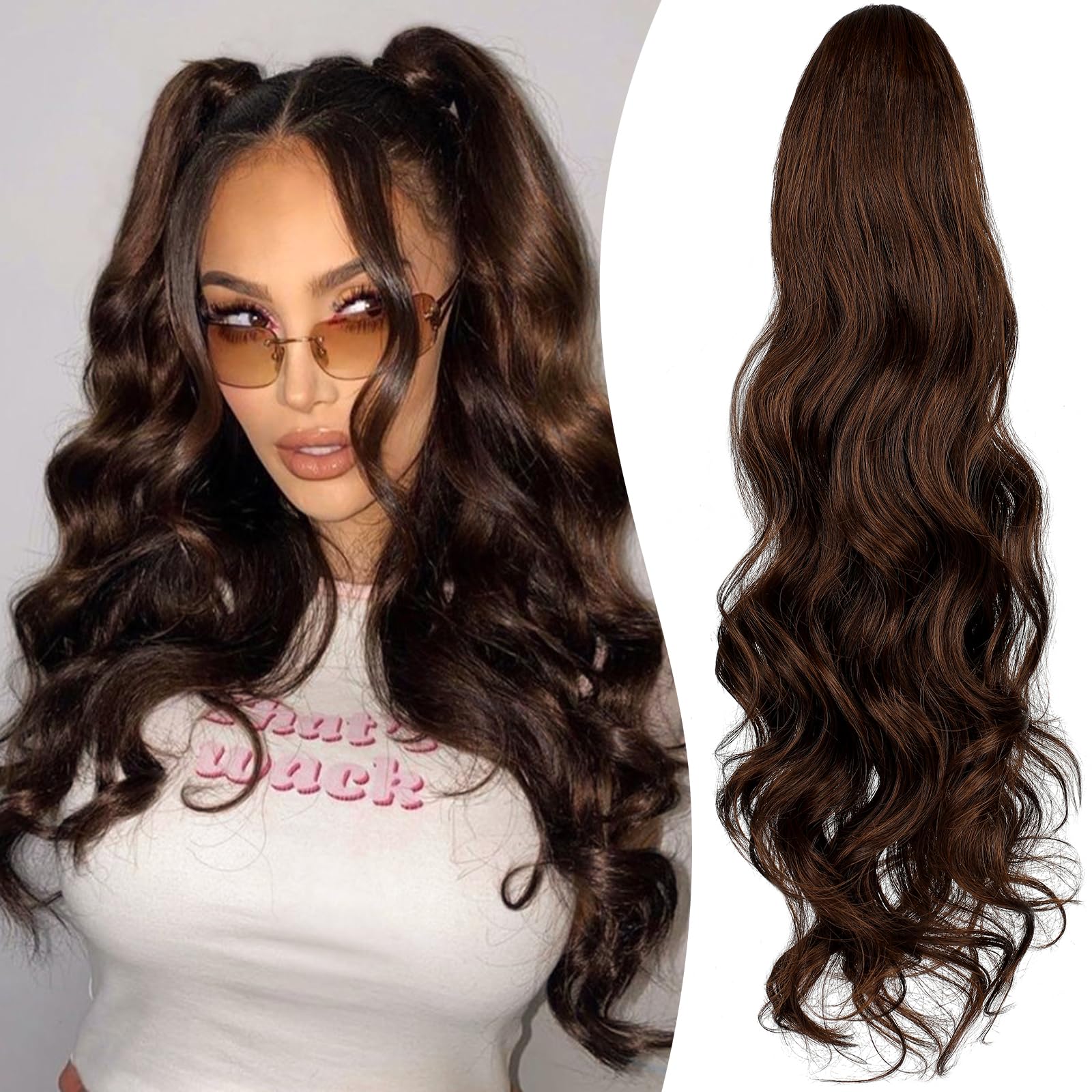 Photo 1 of FELENDY Ponytail Extension Drawstring 22" Long Wavy Wrap Around Pony Tails Body Wave Curly Clip in Hair Pieces for Women 22 Inch (Pack of 1) Dark Brown Mix Auburn-Drawstring