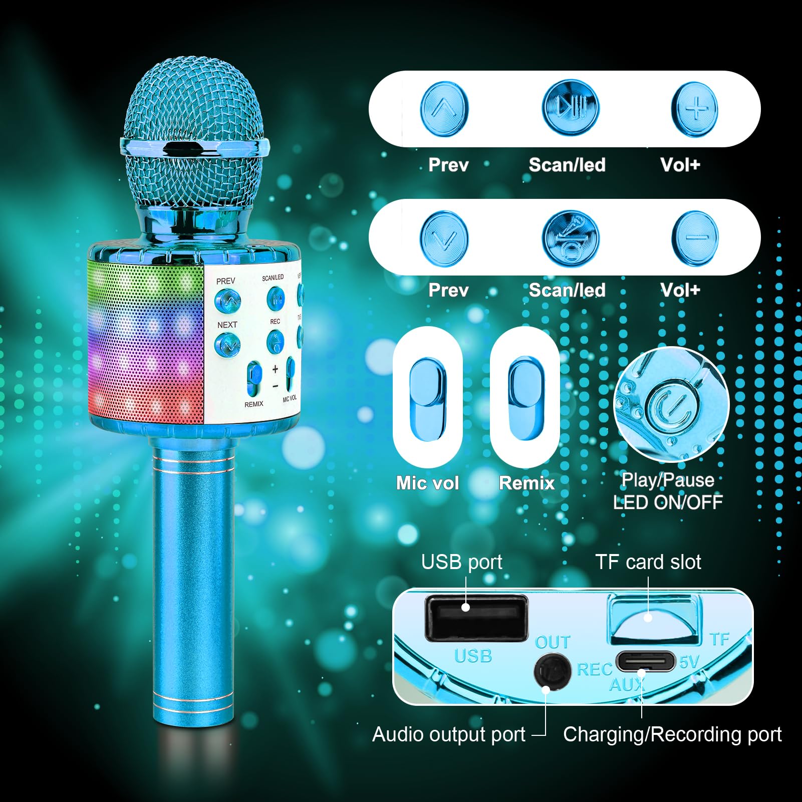 Microfono Karaoke Bluetooth Wireless 4 in 1 per Bambini, LED Portatile per Home KTV Compatibile Android iOS PC Blu