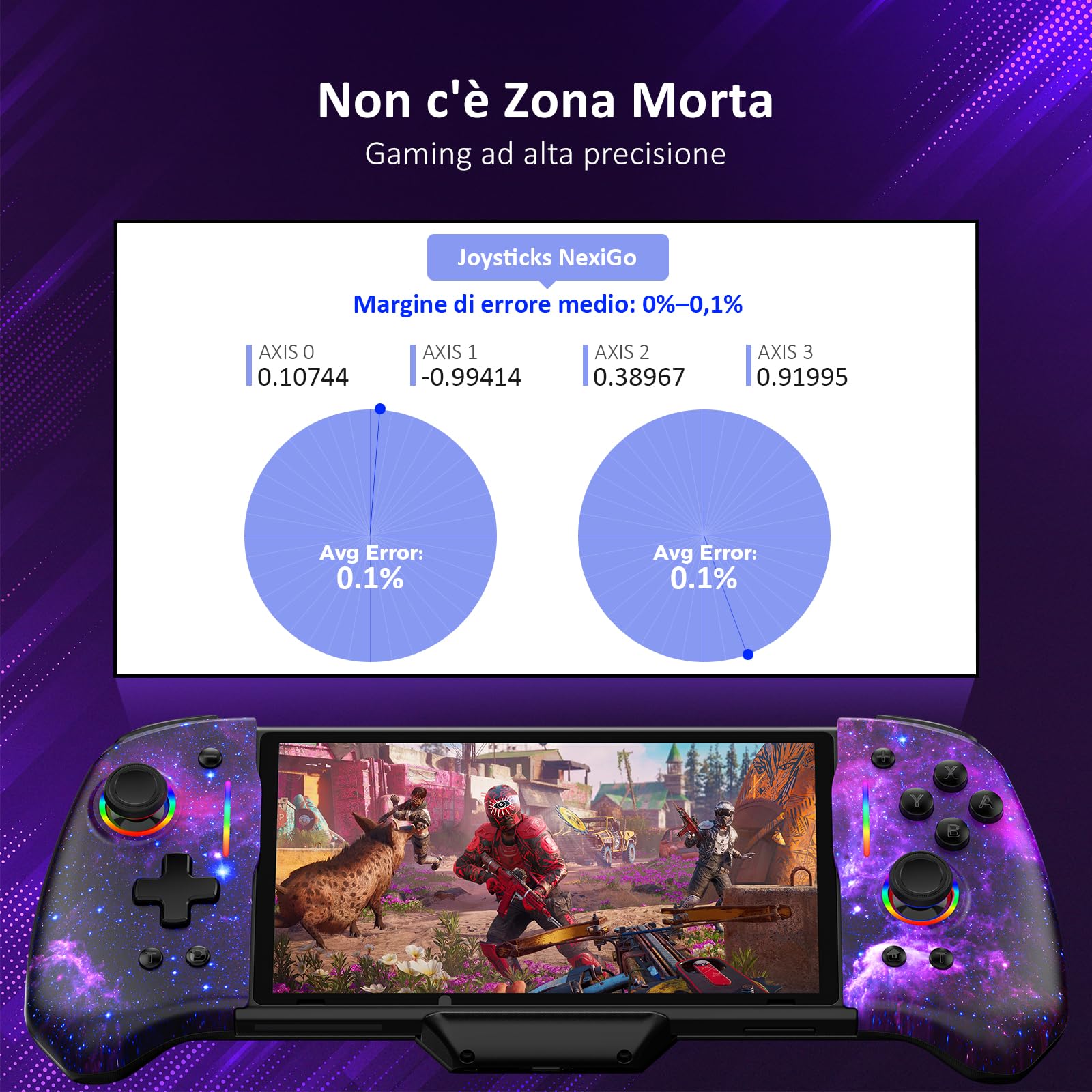 NexiGo Hall Effect Gripcon (Nessun Drift, Nessuna Deadzone) con Joystick a Effetto Hall per Switch/Switch OLED, Luce RGB Regolabile, giroscopio a 6 Assi, Turbo, Mappatura (Cosmic Nebula)