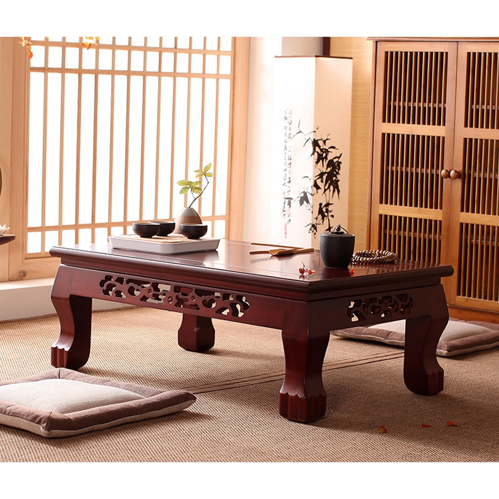 Table basse en bois massif d'orme rouge, mobilier tatami d'exception