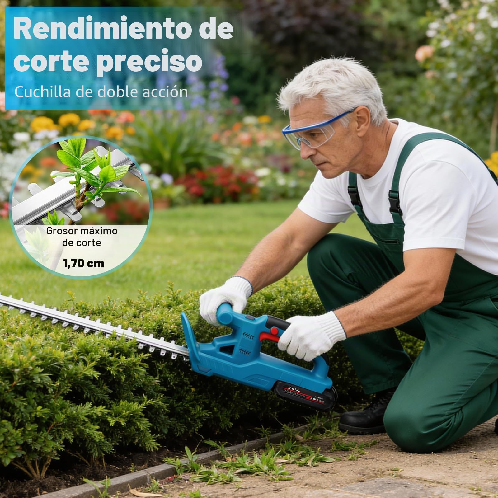 KAOLALI Cortasetos de 20 pulgadas, cortasetos eléctricos de 21 V con indicador de nivel de batería, cortasetos inalámbricos con 2 baterías 2000 mAh, hoja de doble acción 50 cm, cortasetos 600 W para