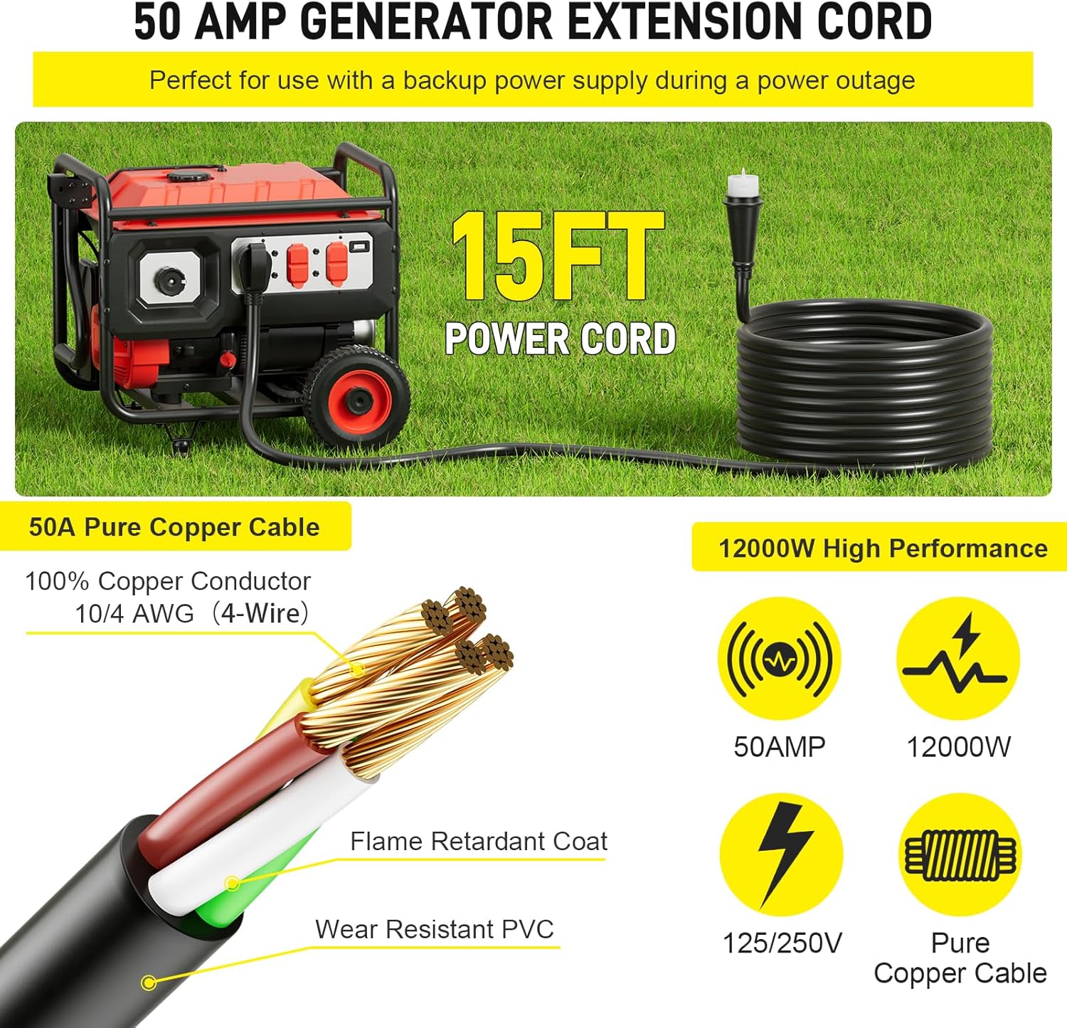 15Ft 50 Amp Heavy Duty Generator Extension Cord 125V 250V 12000W UL Listed Generator Power Cord N14-50P & SS2-50R Twist Lock Connectors