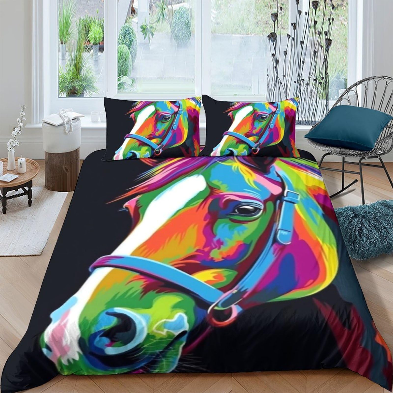 Ctjqhvkz Style-2 3D Printed Colorful Horse Art Fitted Sheet Microfiber Soft Breathable Abstract Bed Sheet For Bedroom Dorm Decor Single（135X200cm）