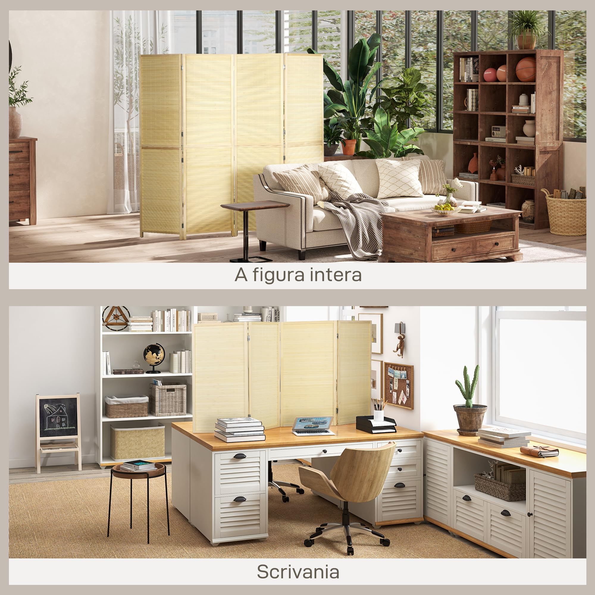 HOMCOM Paravento per Interno Pieghevole a 4 Ante 180x1.6x180 cm Color Legno | Divisorio in Bambù di Rattan