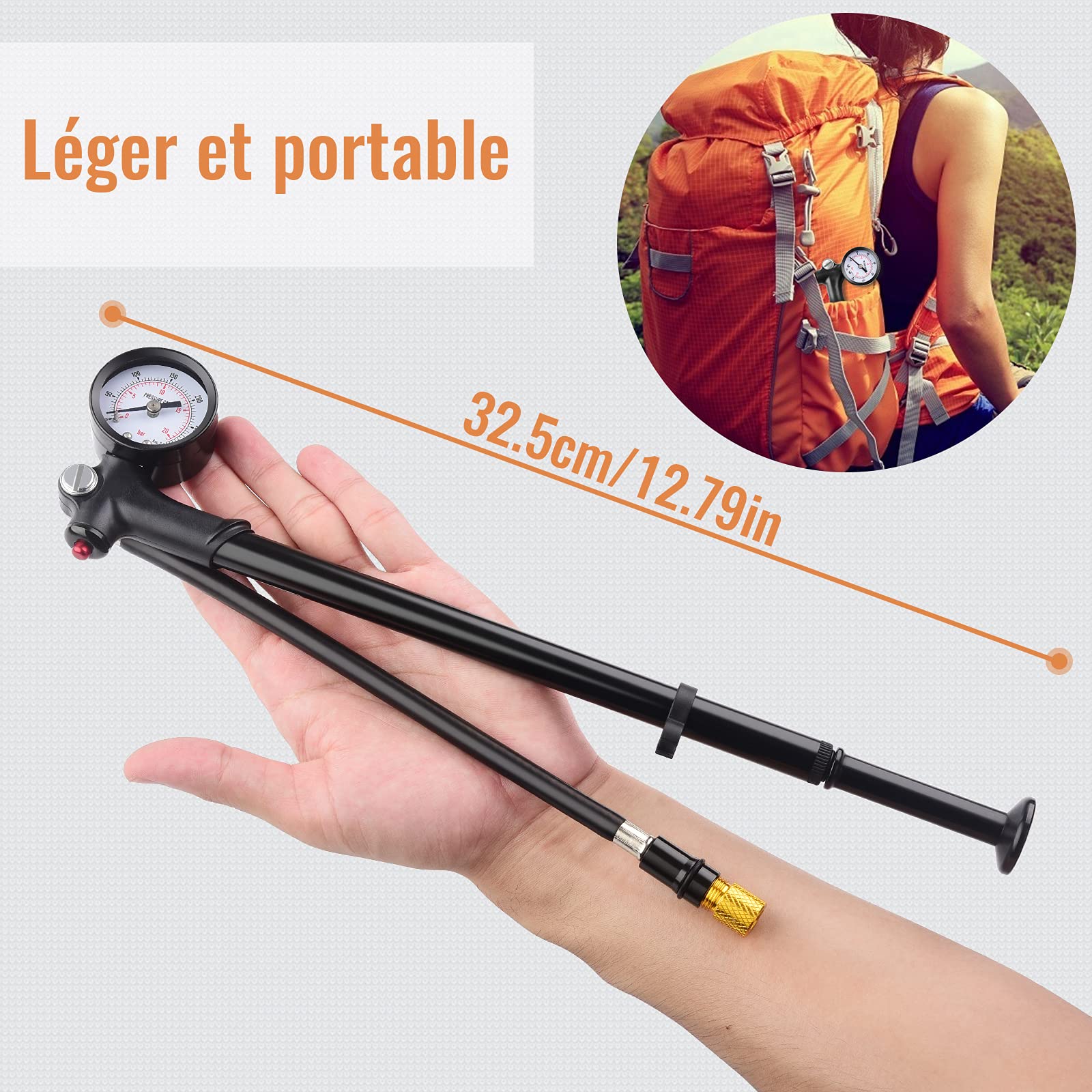 Diyife Pompes Amortisseurs avec Baromètre, [300 PSI] Haute Pression Pompe d'Amortisseur, Mini Portative Shock Pump, pour Fourche Avant de Suspension Arrière, Vélos, Fauteuils Roulants, VTT
