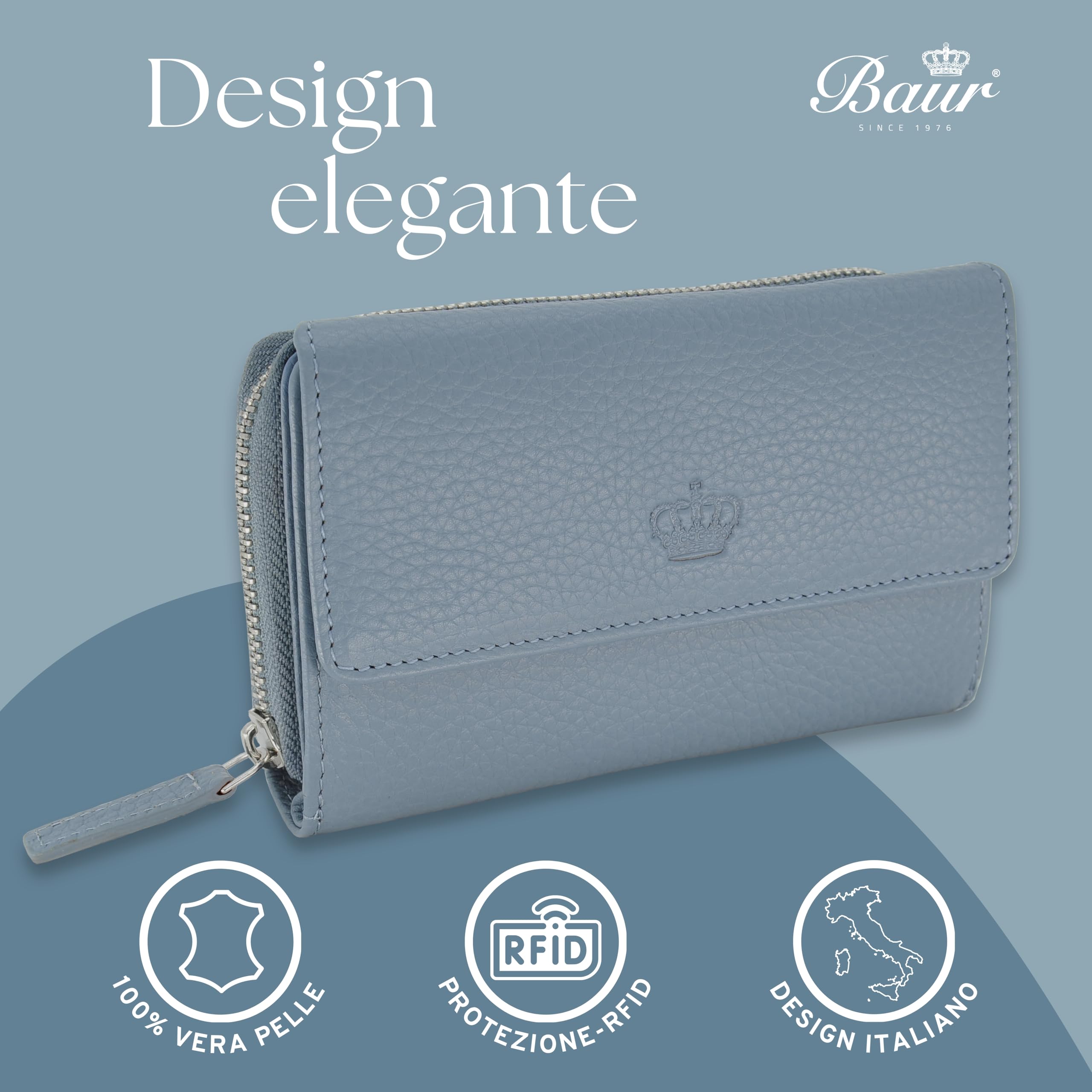 Baur portafoglio da donna – vera pelle con protezione RFID – portafoglio grande con 14 scomparti per carte – chiusura a bottone a pressione & tasca portamonete con cerniera (Blu colomba)