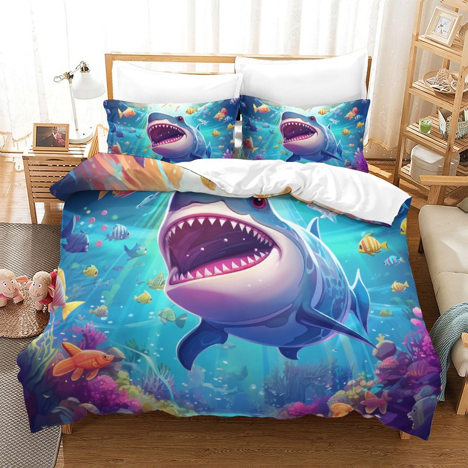 Housse de couette requin 260x220 cm super king avec fermeture éclair
