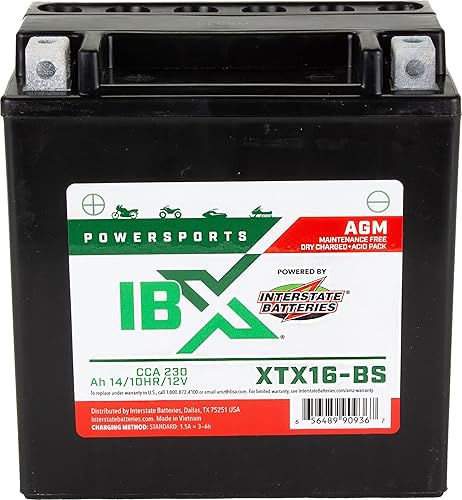 Interstate Batteries YTX16-BS - Batería de 12 V y 14 Ah Powersports 230CCA AGM, repuesto recargable para ATV, motocicletas, scooters (XTX16-BS)