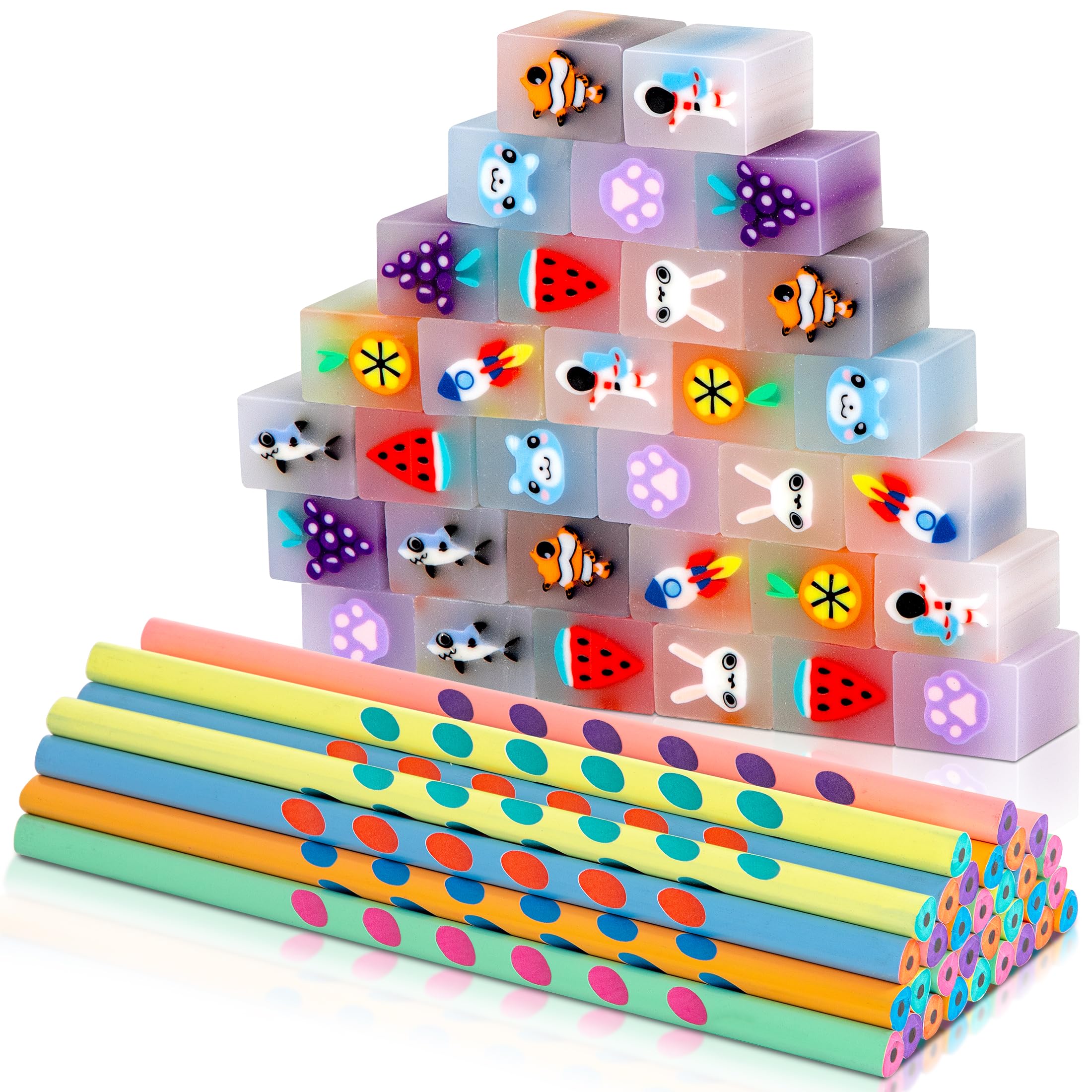 64 PCS Lapices con Gomas Niños Regalo,32 Gomas de Borrar Divertidas kawaii + 32 Lapices Triangulares Niños,Regalos Cumpleaños Niños Colegio,Detalles Regalo Invitados Infantiles