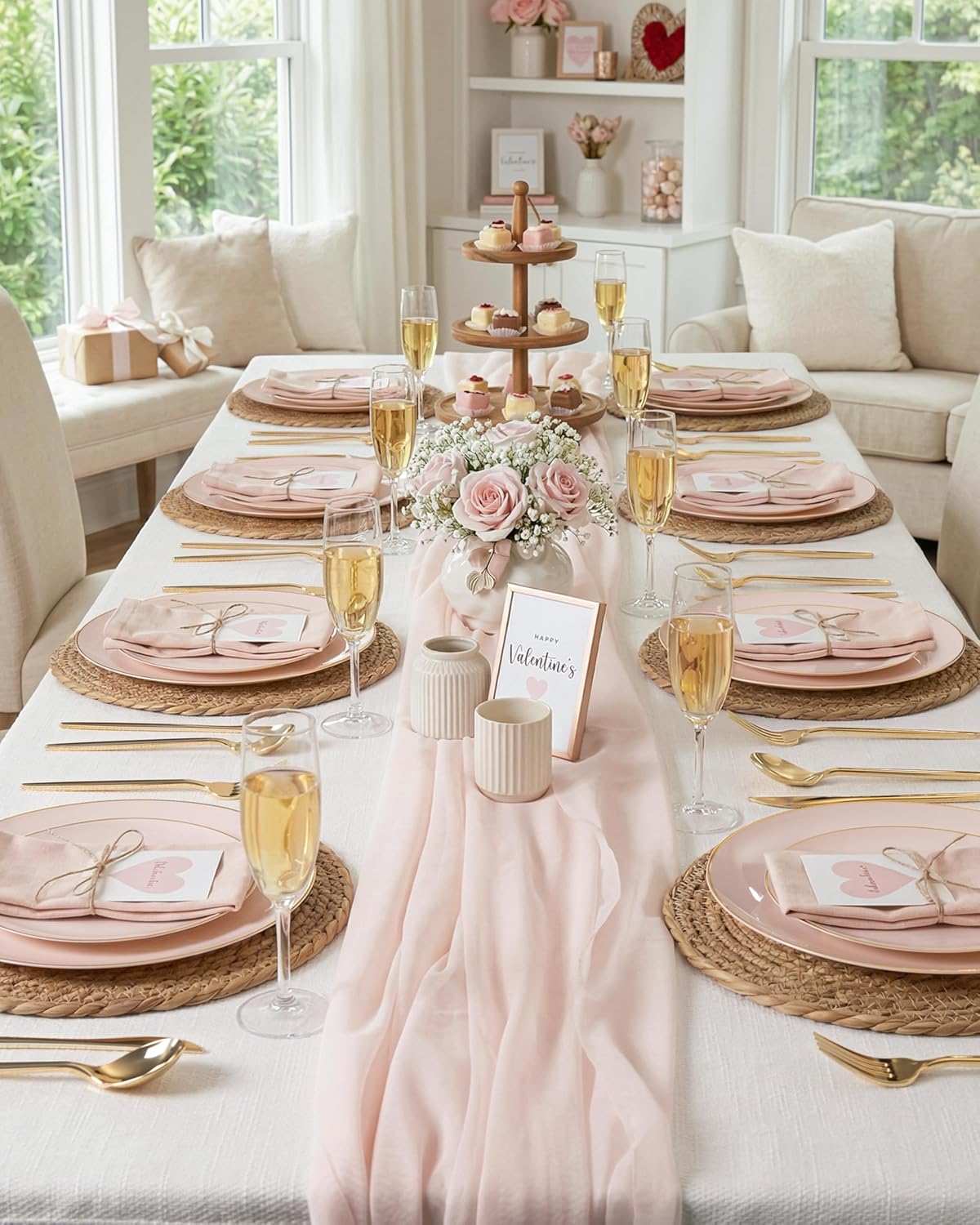 PULOTE 100PCS Pink Plastic Plates - Heavy Duty Pink and Gold Disposable for Party, Wedding, Valentines & Galentines Day, Include 50 Each (Dinner & Dessert) Plates