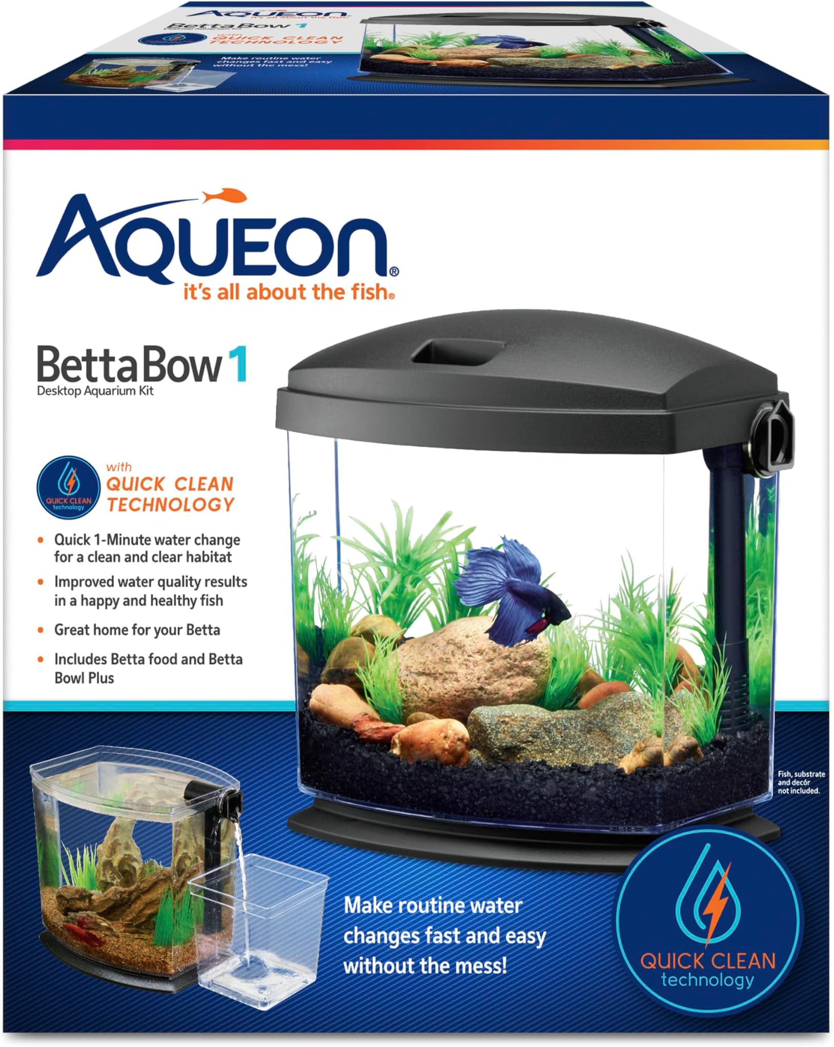 BettaBow with Quick Clean Technology Aquarium Kit, Freshwater, Betta Fish, 1-Gallon, Black