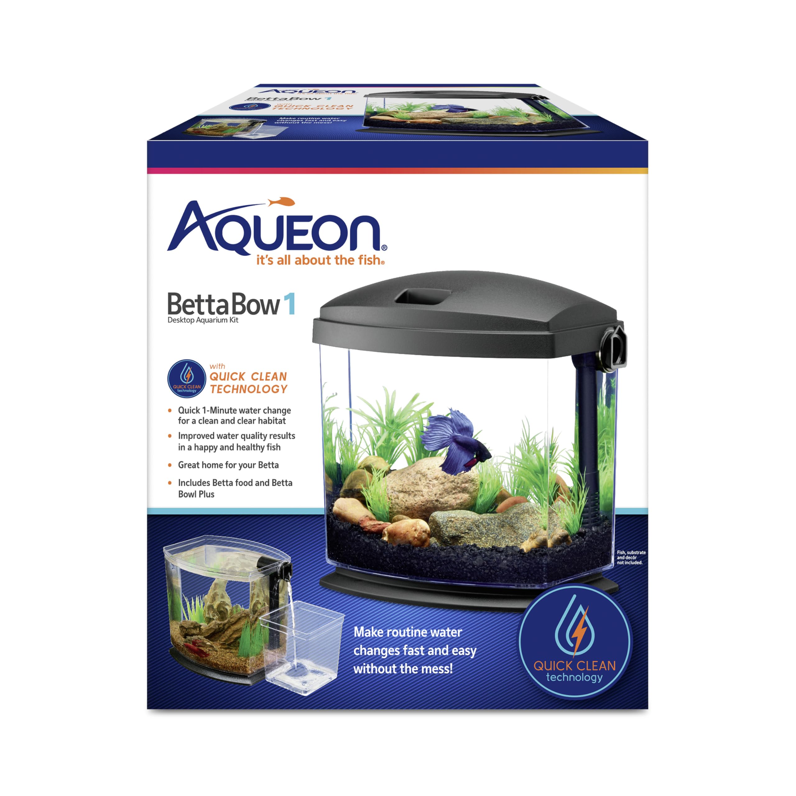 Aqueon BettaBow with Quick Clean Technology Aquarium Kit, Freshwater, Betta Fish, 1-Gallon, Black