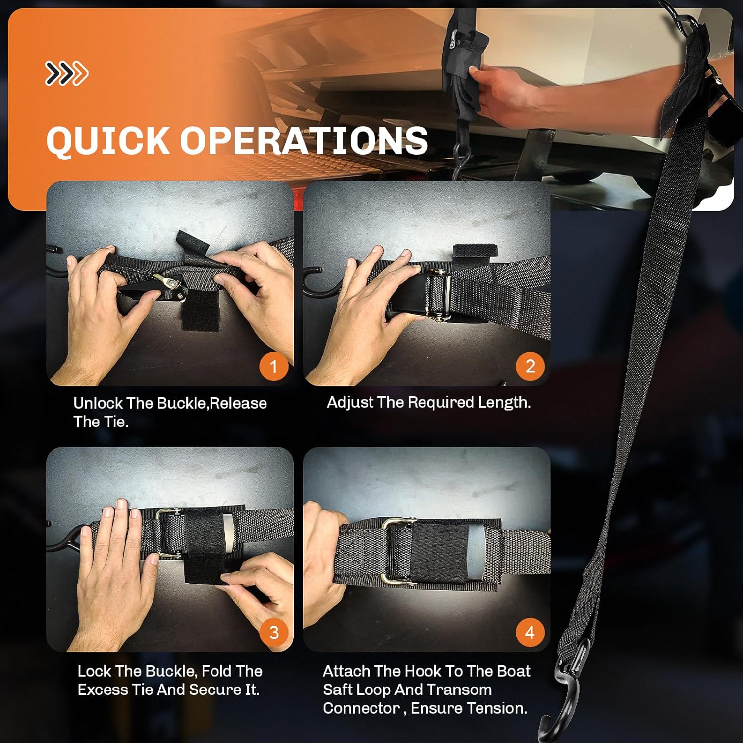 WELLUCK Boat Trailer Transom Tie Downs Straps 1200 LBS, 2" x 4' Adjustable Boat Buckle Transom Tie Downs to Trailer, Marine, Jet ski, Pontoon, with Quick Release Buckle & Anti-Scratch Hooks - Image 7