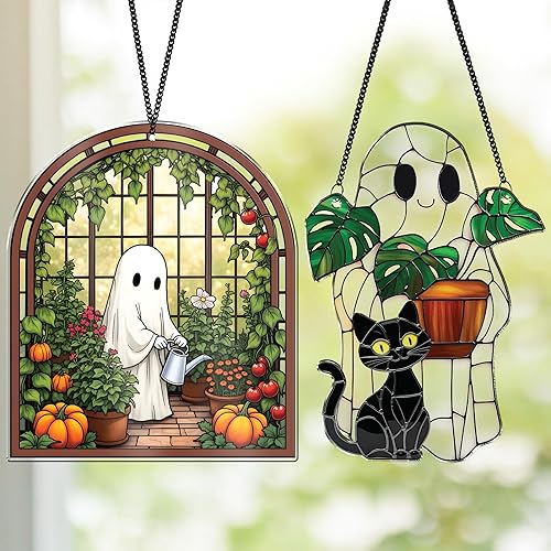 2 bonitos atrapasoles de decoración de Halloween, espeluznantes lindos fantasmas colgantes de ventana, fantasma con gato negro, adornos de calabaza