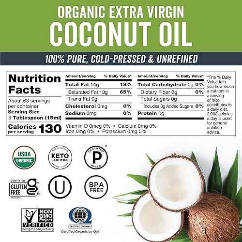 Vista 6 de Viva Naturals Aceite de coco orgánico, 32 onzas líquidas, sin refinar, aceite de coco virgen extra prensado en frío, orgánico y sin OMG, aceite