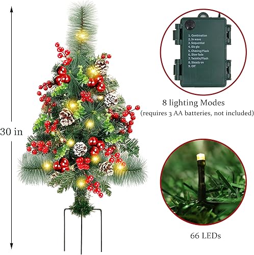 Miniatura 2 de Juego de 2 árboles de Navidad pre iluminados de 30 pulgadas, decoración para árbol de Navidad al aire libre para porche, entrada, patio, jardín, con