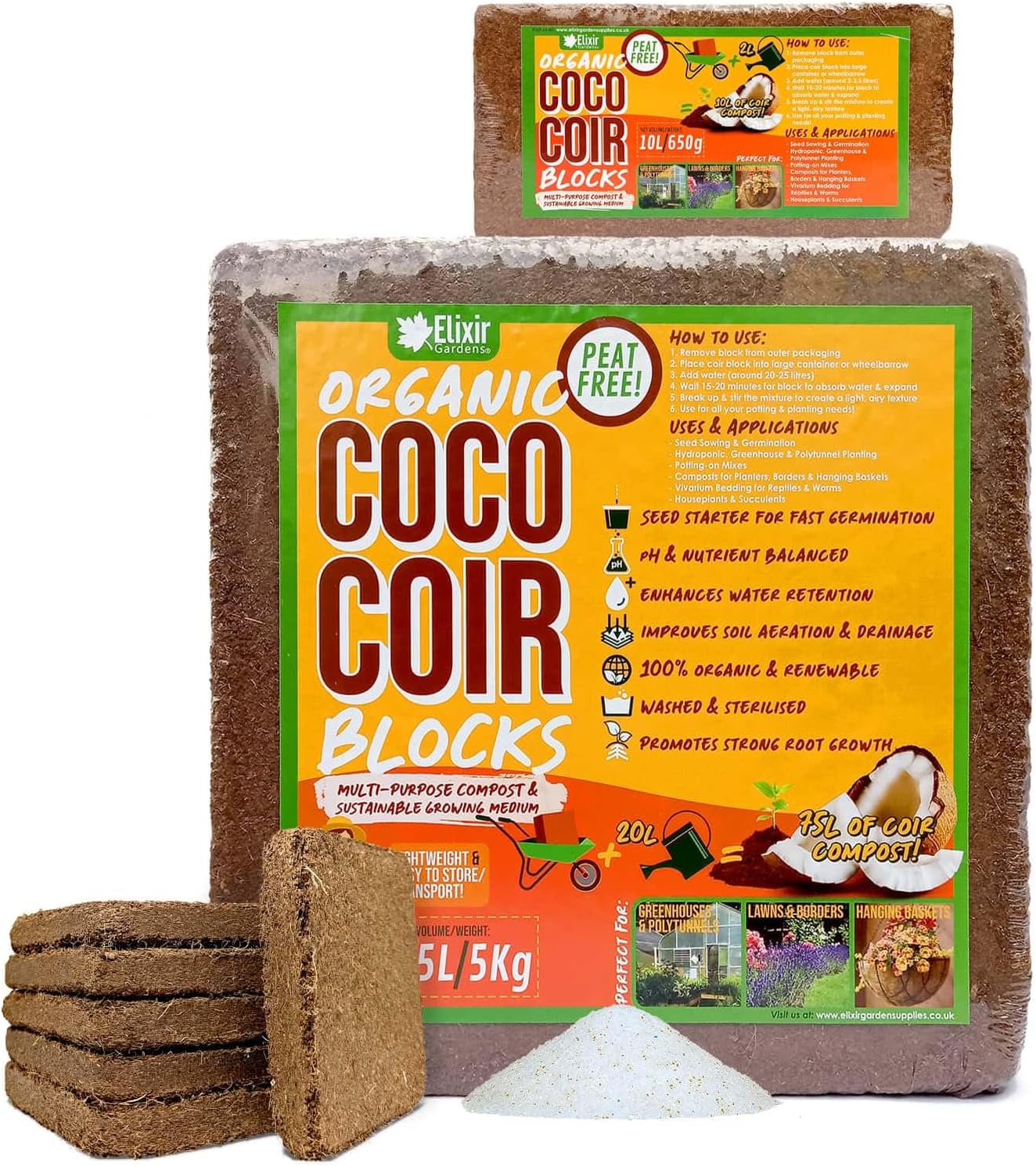 Elixir Gardens 10 Litre x 1 Organic Coco Coir Compost Blocks/Bricks Peat-Free Pre-Washed Compressed | Natural Peat-Free Growing Medium/Potting Soil & Reptile Vivarium Bedding