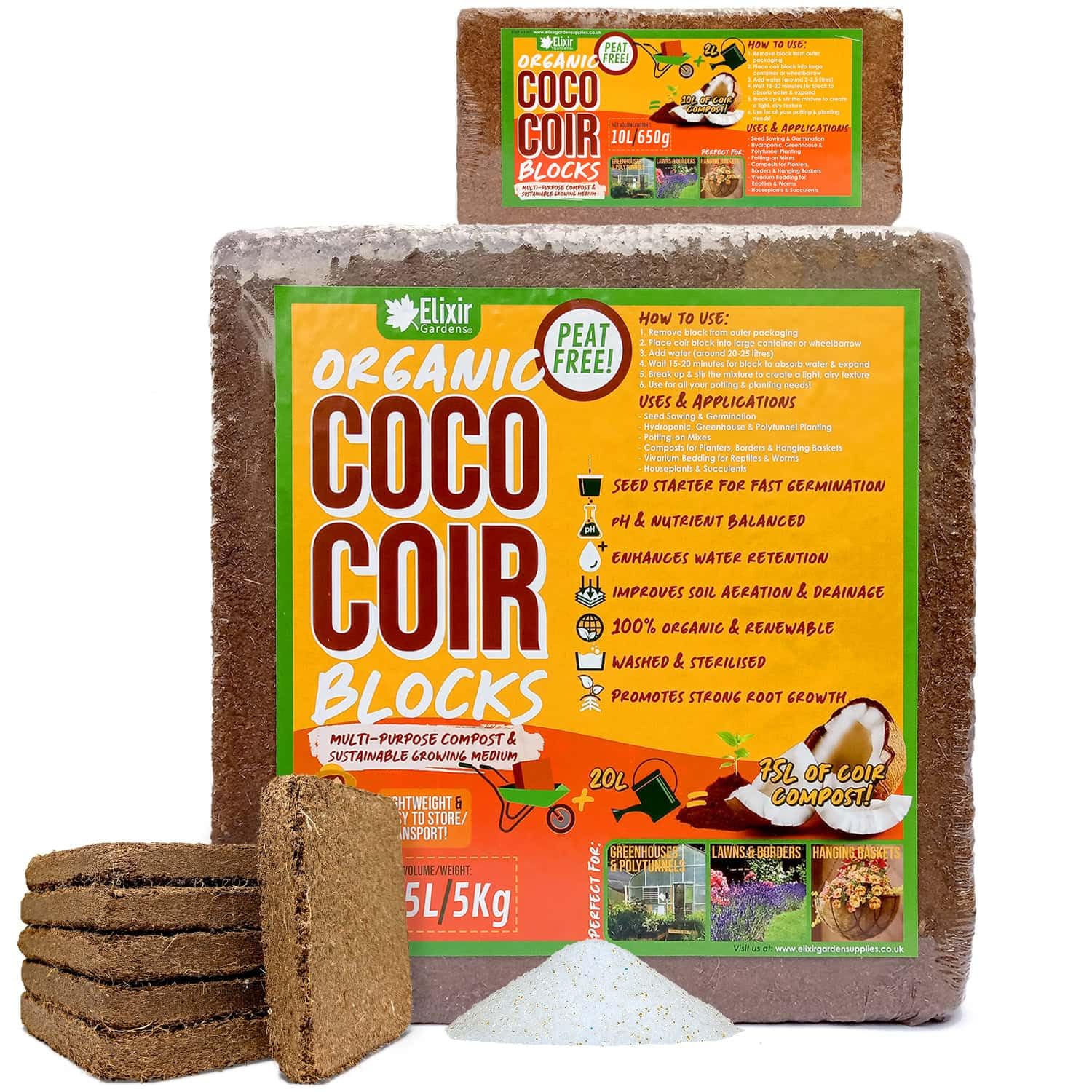 Elixir Gardens 1 Litre x 2 Organic Coco Coir Compost Blocks/Bricks | Natural Peat-Free Pre-Washed Compressed Growing Medium/Potting Soil & Reptile Vivarium Bedding