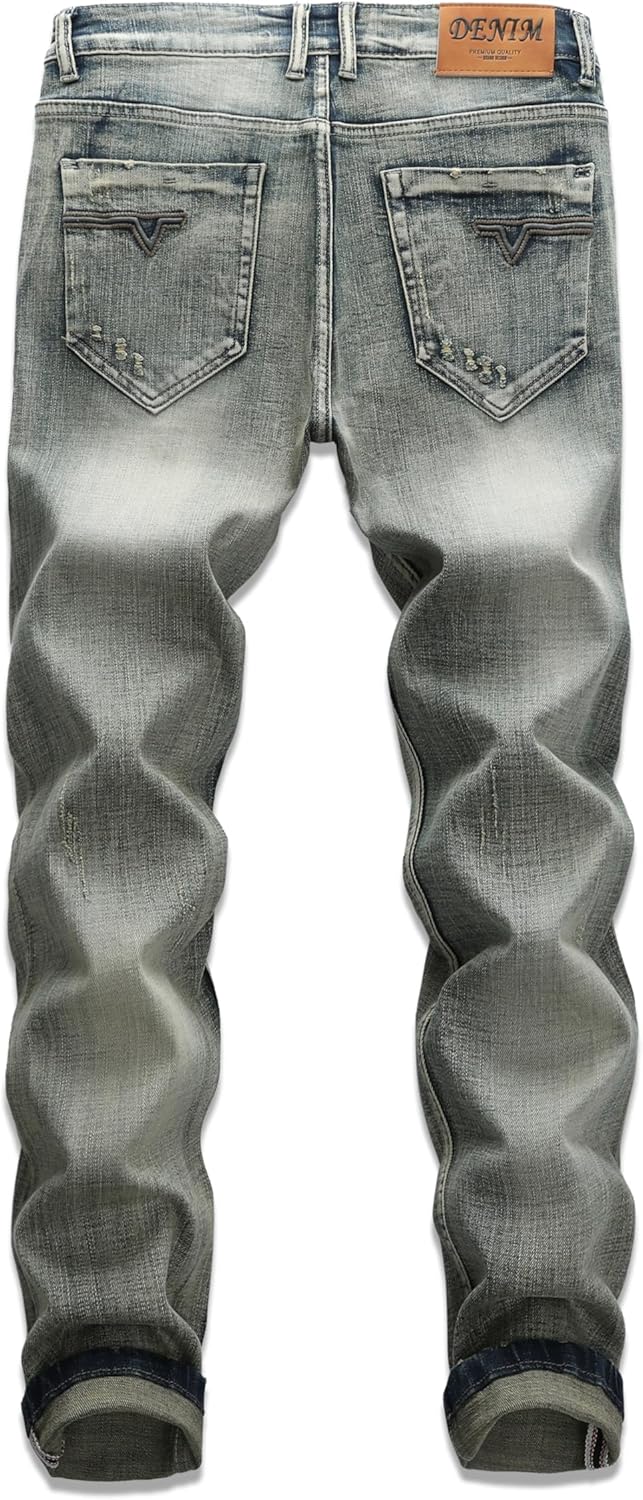 Men's Stretch Ripped Jeans Distressed Slim Fit Straight Leg Fashion Denim Pants - Image 2