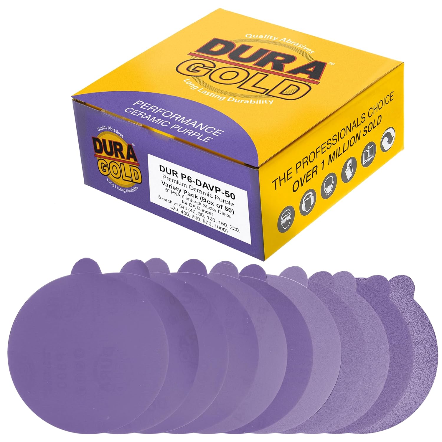 Dura-Gold Premium 6" PSA Purple Film Ceramic Sanding Discs, 50 Disc Variety Pack, Grits 60, 80, 120, 180, 220, 320, 400, 600, 800, 1000 - Self Adhesive Stickyback Sandpaper, DA & Random Orbital Sander