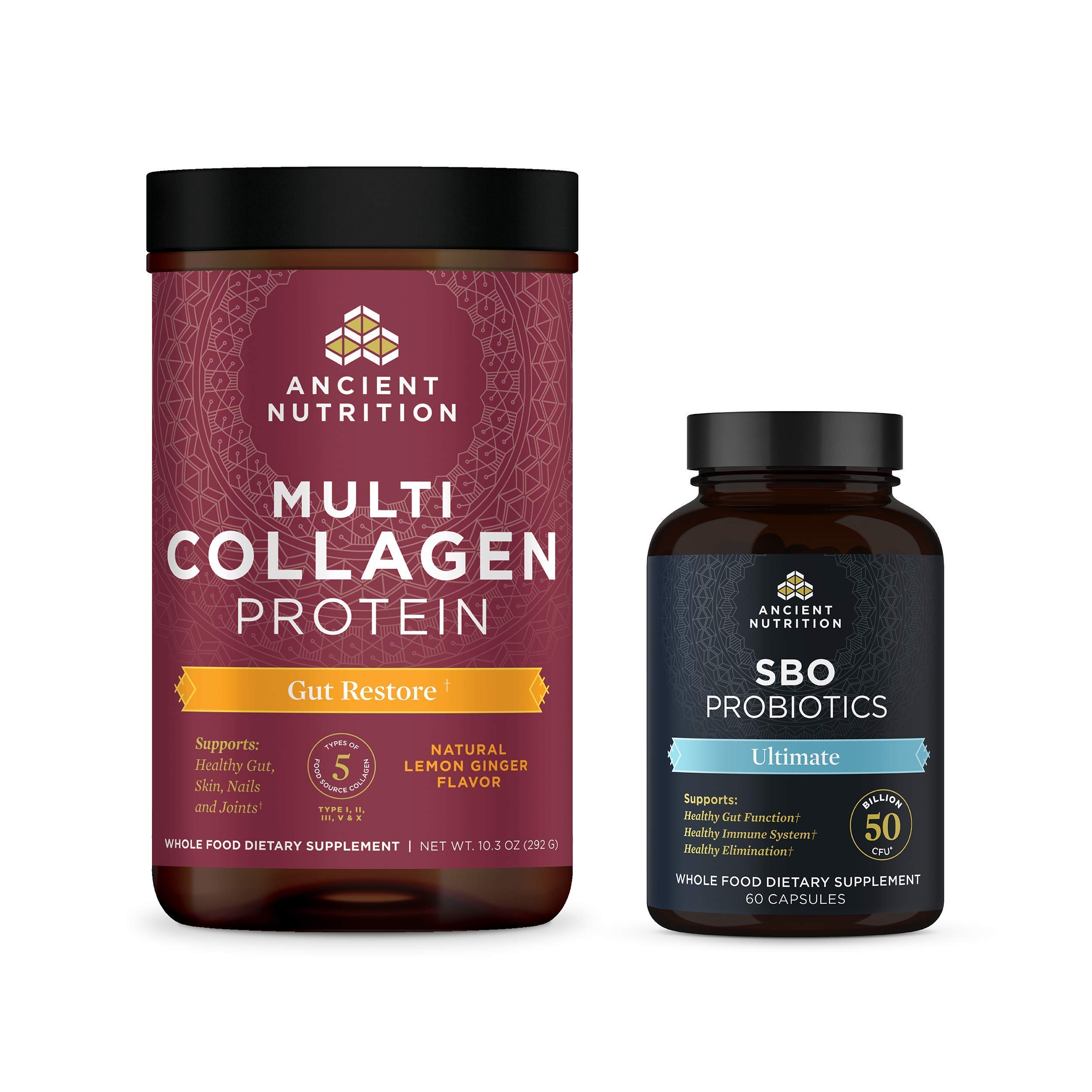 Ancient Nutrition Ultimate Gut Bundle, 2 Items - Multi Collagen Protein Gut Restore 10.3oz + SBO Pro