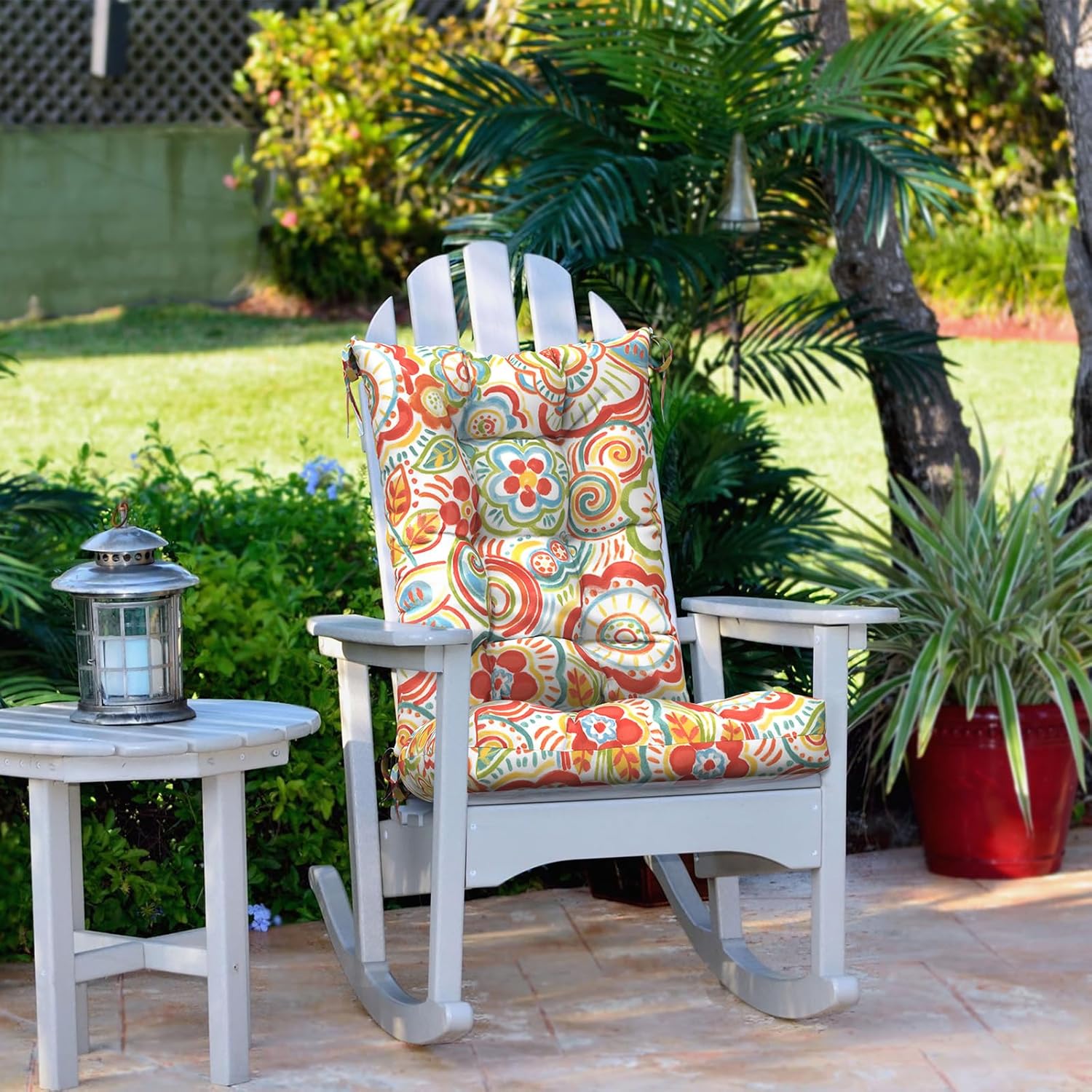 LVTXIII Outdoor Rocking Chair Cushion Set of 2, Patio Fade and Water Resistant Tufted Seat Cushions with Ties for Rocking Chairs Use, 38x17x3, Flower Red
