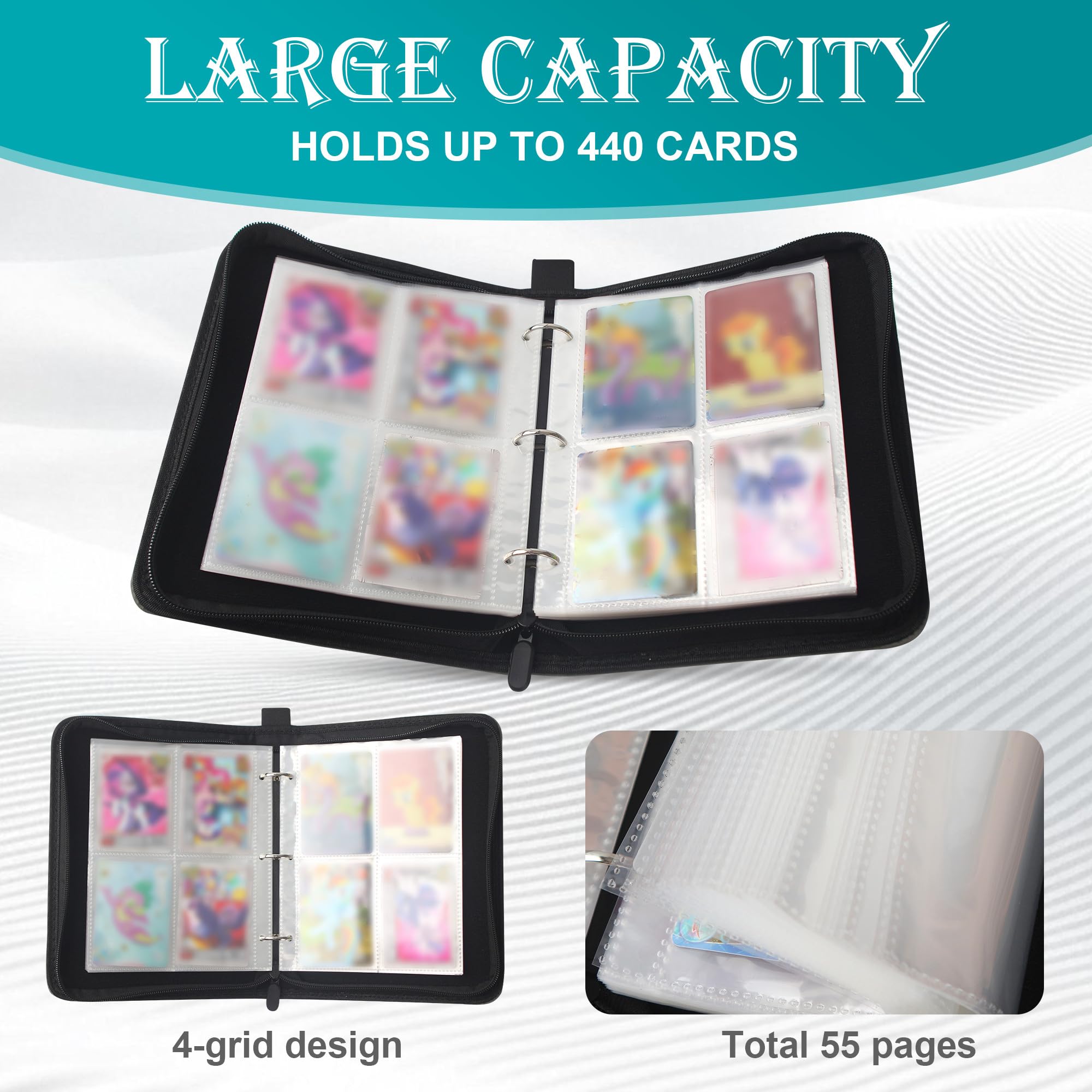Raccoglitore Carte Magic,440 Tasche Album Porta Carte,55 Pagine Raccoglitore di Carte con cerniera,Grigio，Grande capacità, adatto per le carte di gioco preferite, le carte magiche e da poker
