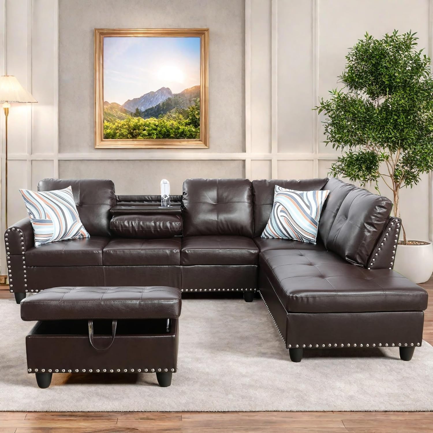 FONTOI Leather Sectional Couch with Otttoman, 97" L Shaped Couch Sectional Sofa for Living Room, Modern Modular Couches with Cup Holders for Bedroom, Apartments, Brown