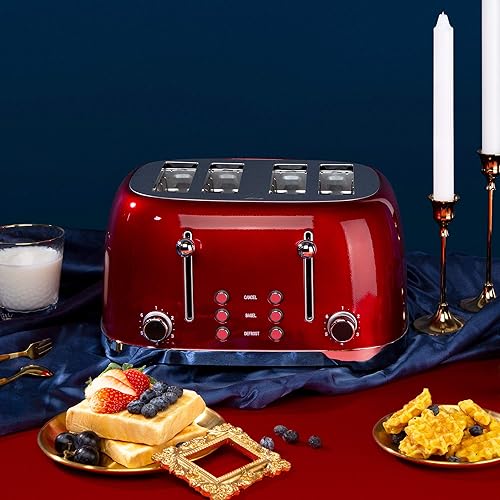 Miniatura 7 de Tostadora Roter Mond Retro de acero inoxidable de 4 rebanadas con función de cancelación de descongelación de bagel, 6 ajustes de tostado, ranura