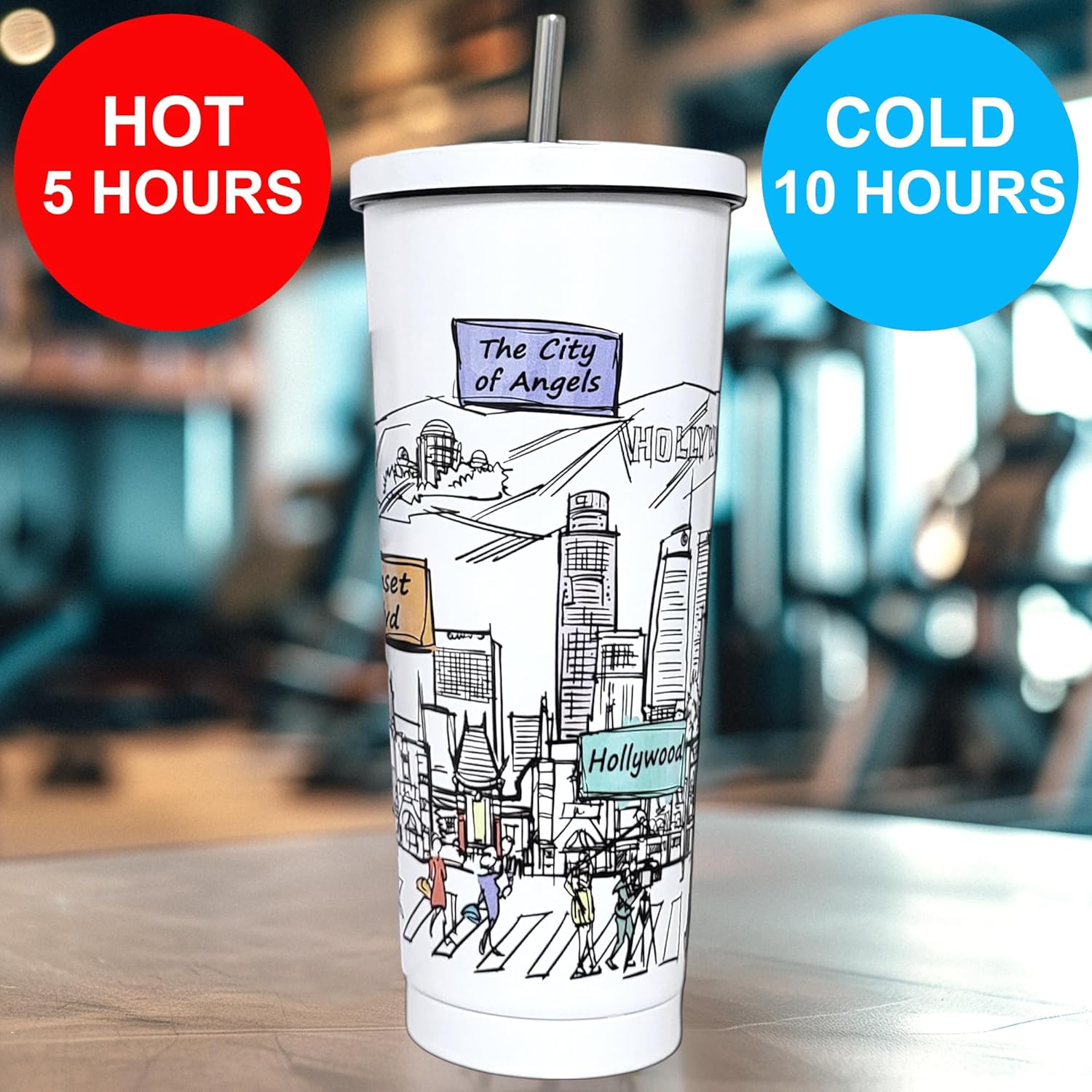Cities Around the World 25 Oz Tumbler Series - Designed in the USA - Vacuum Insulated Tumbler with Lids & Straw - Stainless Steel Coffee Water Travel Mug, for Hot Cold Drink (Los Angeles) - Image 6