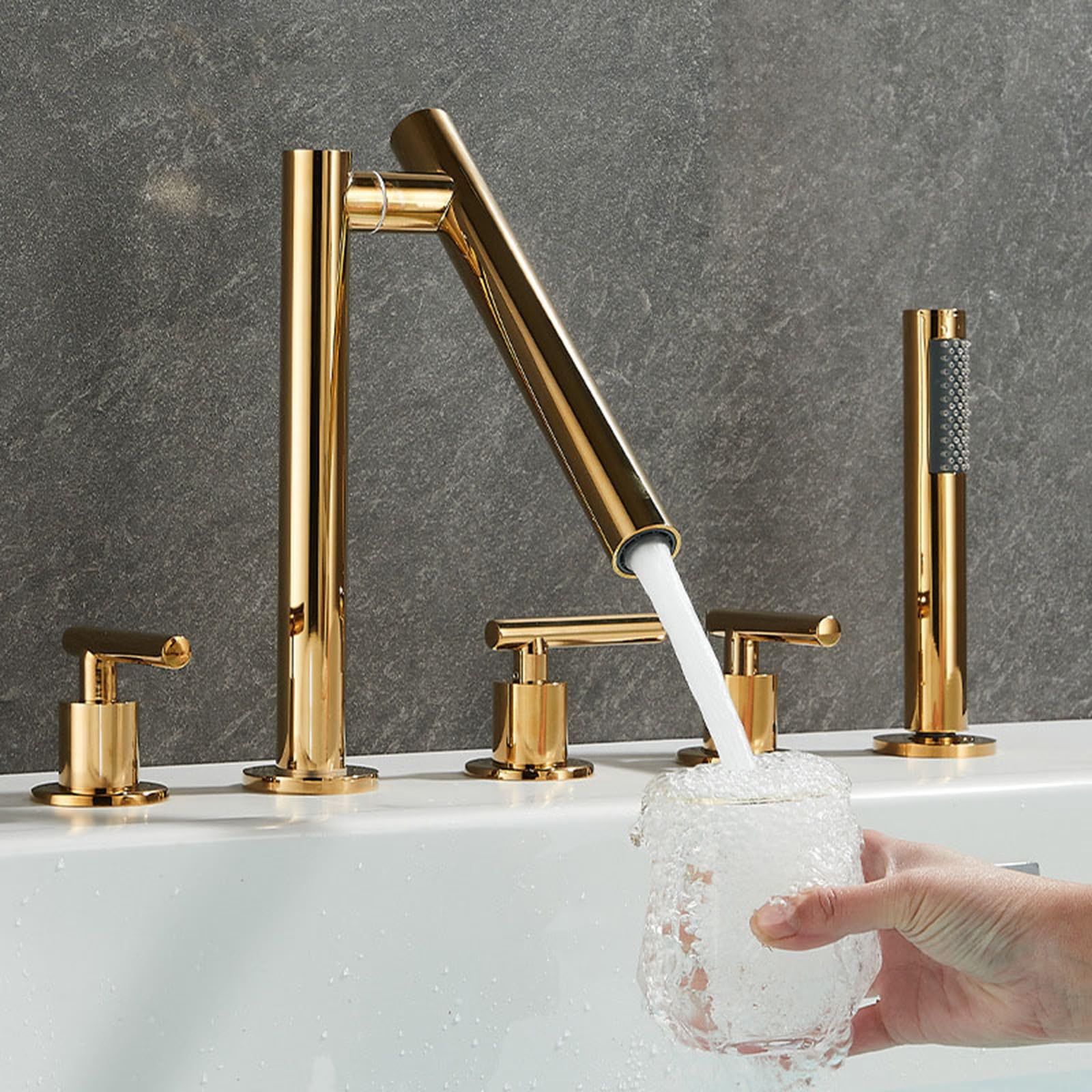 SnamicE Deck Mount 5 Hole Shower Bath Mixer Taps Black Rotating Spout Bathroom Hot Cold Water Tap Mixer Shower,Gold