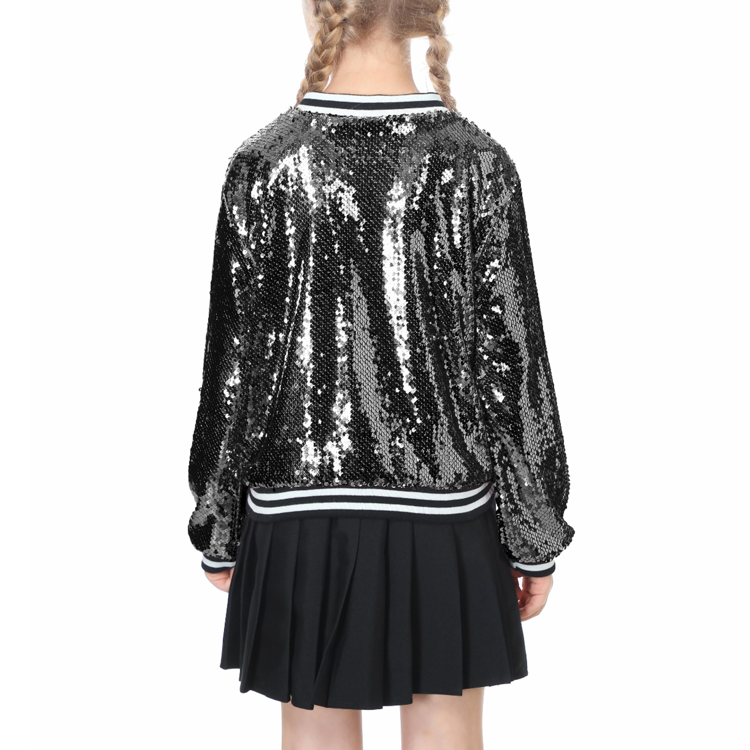 LOLANTA Niñas Lentejuelas Bomber Chaqueta con Bolsillos Cremallera Manga Larga Sparkle Béisbol Chaquetas para Niños 4-11 años