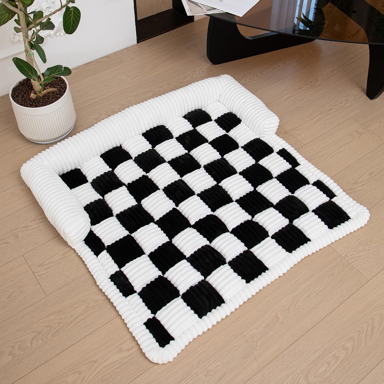 OKYUK Letto per Cani, Super Confortevole Cestino per Cani, Divano per Cani, Copridivano, Lavabile a Mano, Antiscivolo, Adatto per Cani (Nero a quadri, L 90 x P 90 x H 13 cm)