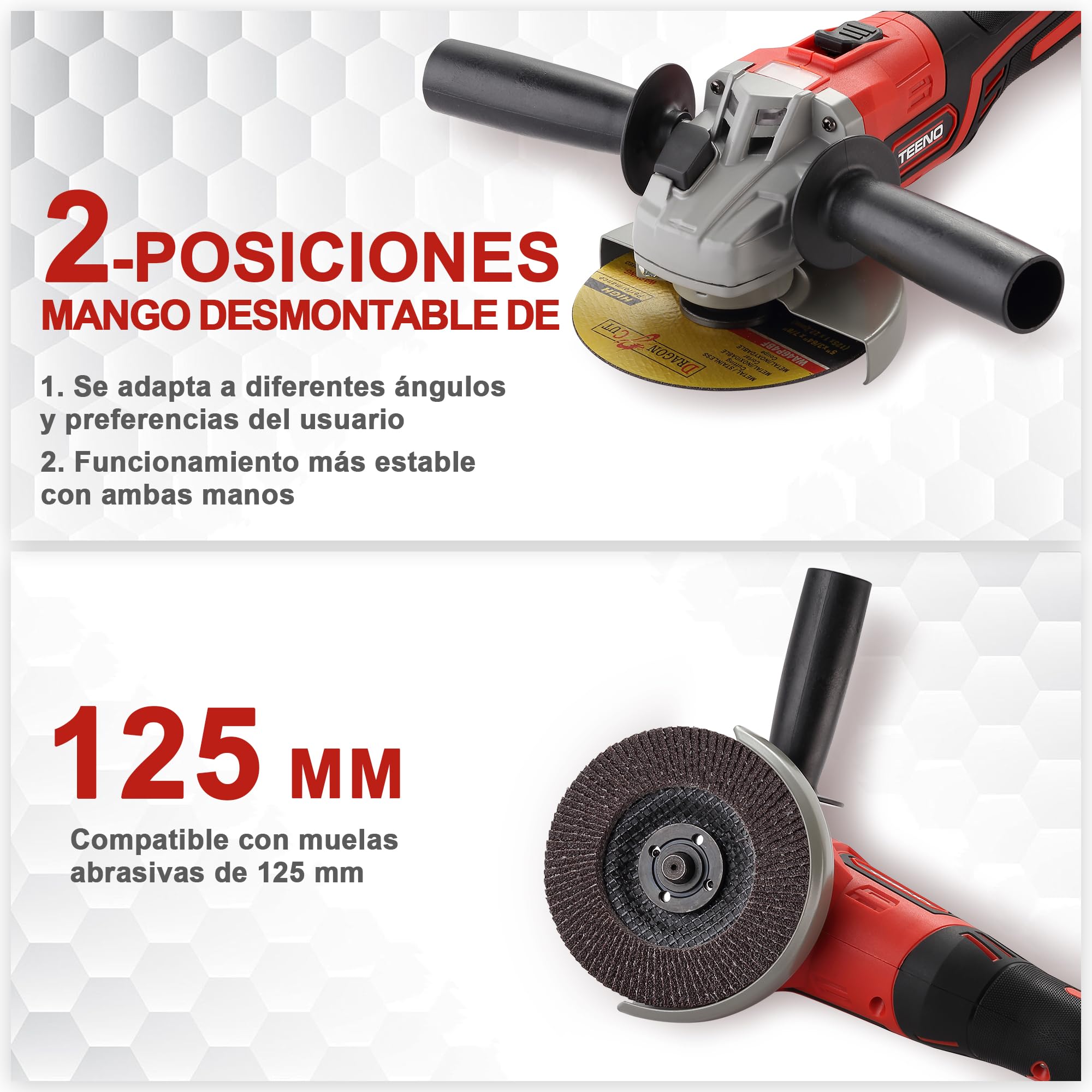 TEENO Amoladora angular inalámbrica, Amoladora batería Ø 125 mm | Radial batería Motor sin escobillas 21V 1000W,2 baterías 4,0 Ah,Velocidad 9100 rpm ,Maletín + Disco de corte