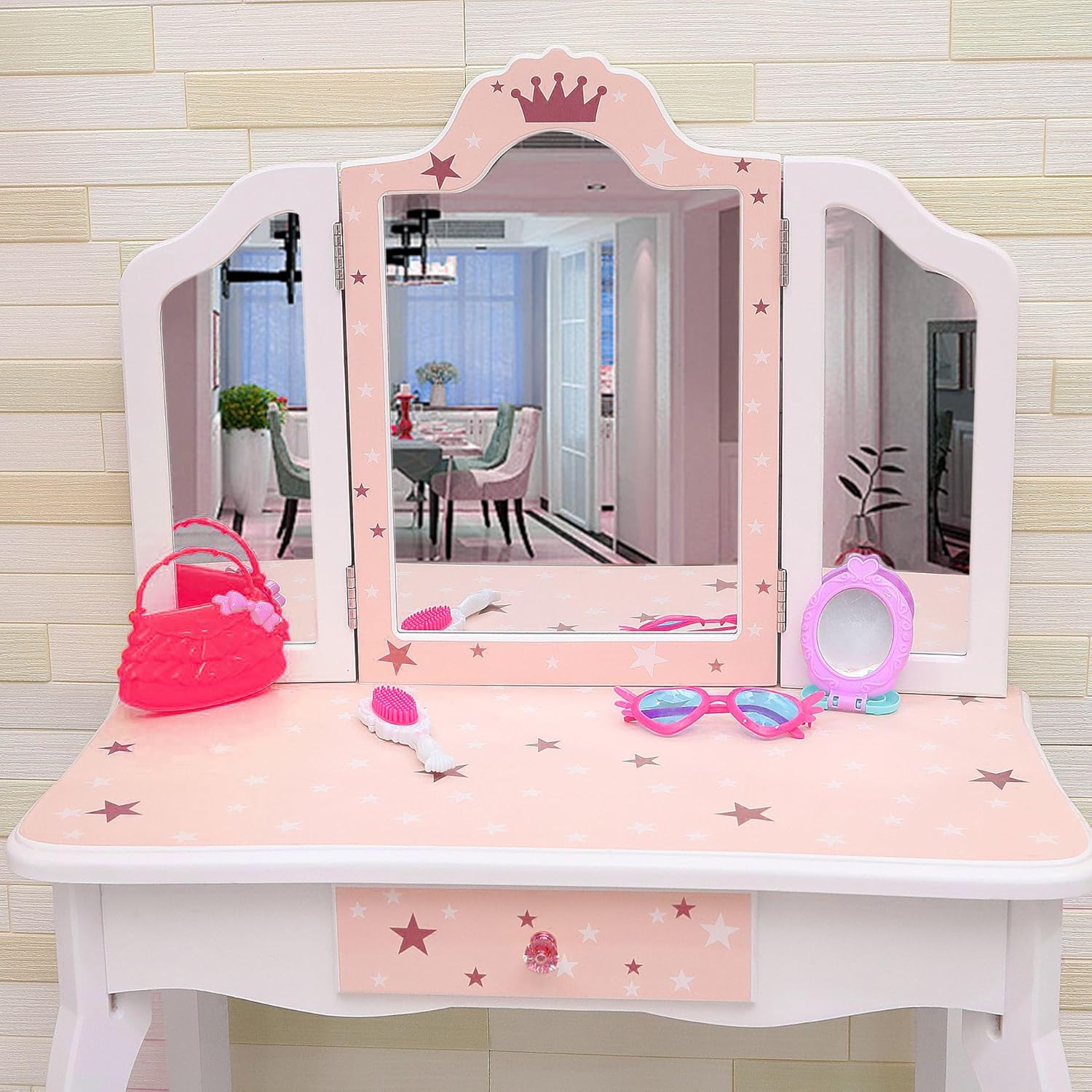 Pretend Play Kids Vanity Set with Mirror and Stool,Kids Wooden Play Vanity Set with Vanity Table with Lights, Tri-Fold Mirror, Storage Drawer for Toddlers