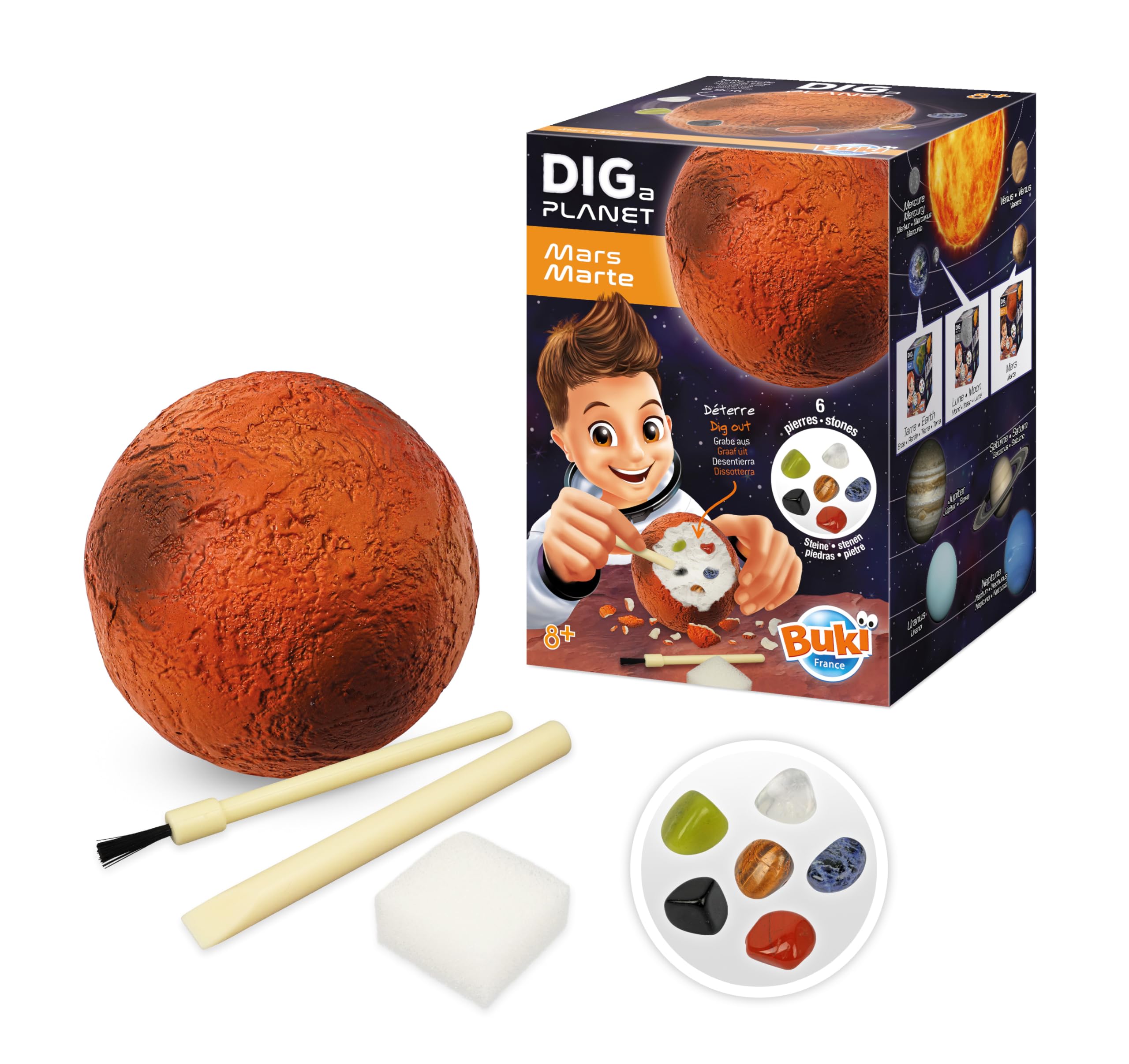 BUKI France Dig a Planet Mars – Dig and dig up 6 Real Stones Including Obsidian, Tiger's Eye and Red Jasper – Excavation Kit for Children from 8 Years Old - 448