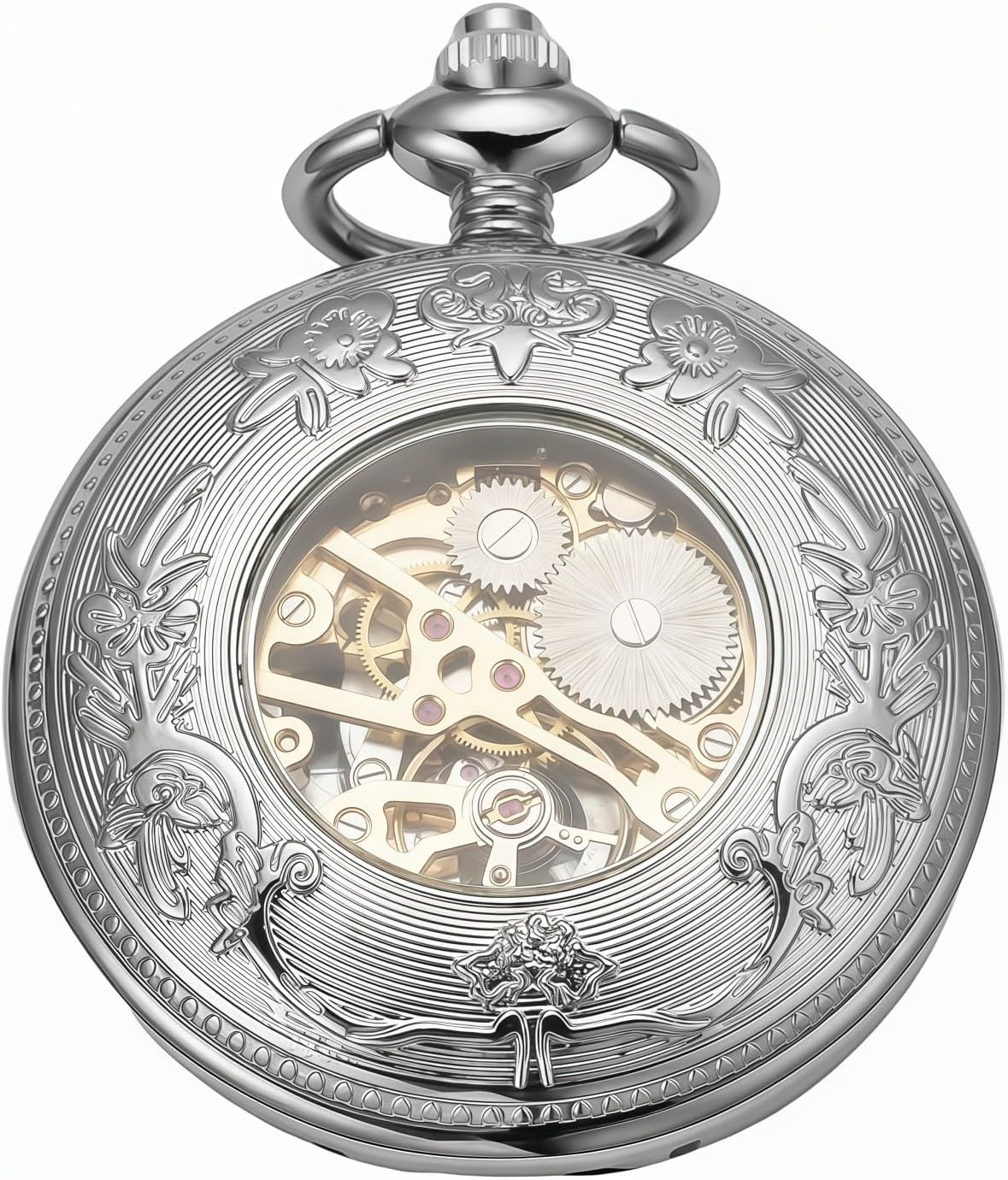 Steampunk Pocket Watch Skeleton Mechanical Gear Hand-Wind Roman Numerals Antique Chain Mens