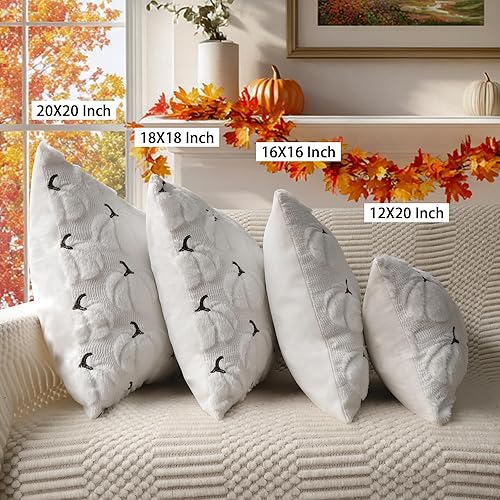 4TH Emotion Fall Pumpkins Decorative Pillow Covers 18"x18" Set of 2, Beige Soft Plush Faux Fur Throw Cushion Cases for Autumn Thanksgiving Holiday Home Decorations(White,20" x 12" (Pack of 2))