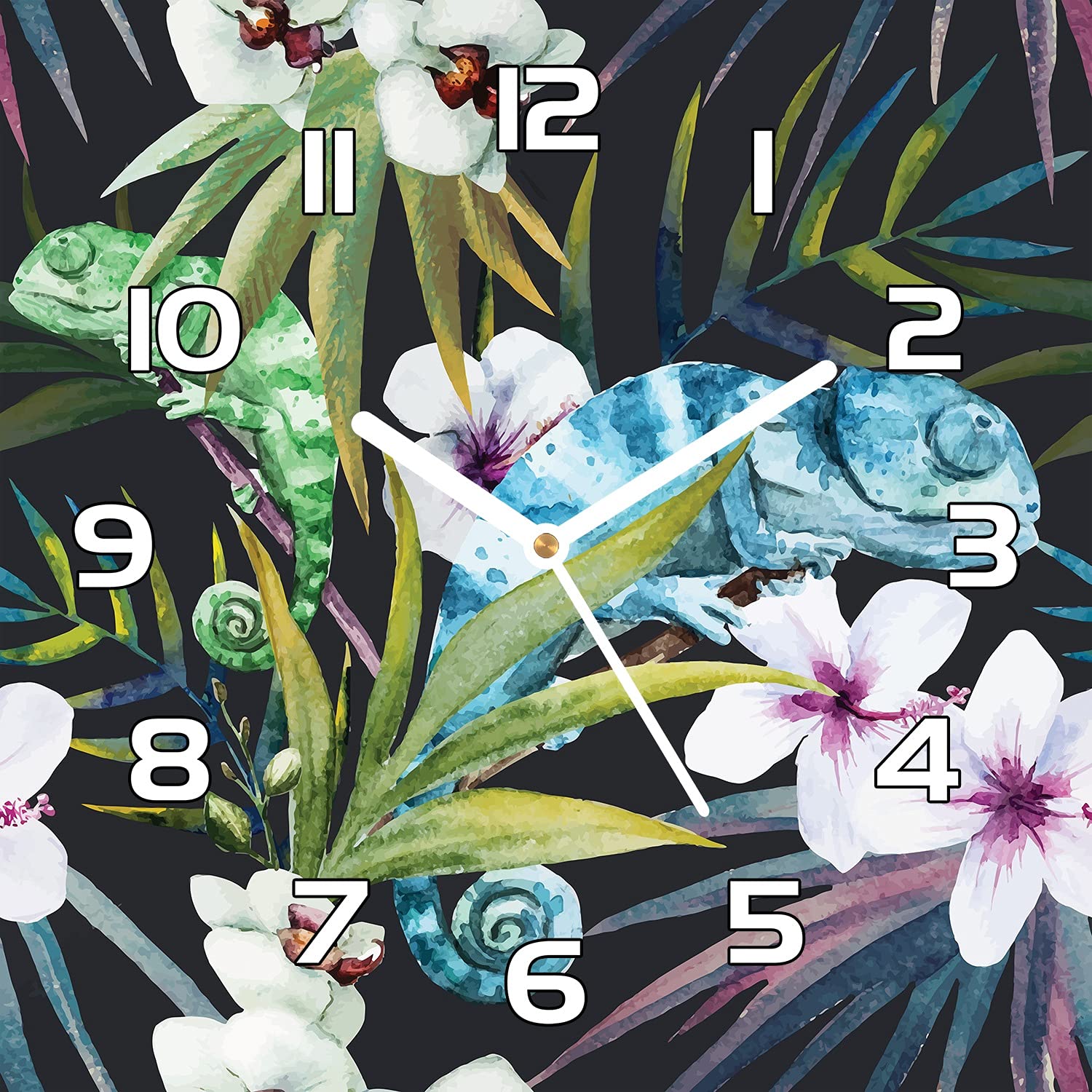 Horloge Murale Cuisine et Salon en Verre Sécurité Motif Jungle Caméléon Coloray 30x30