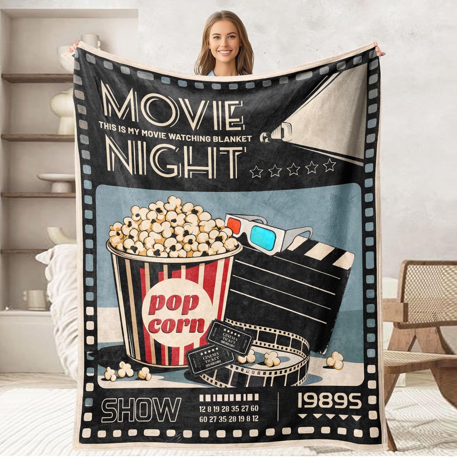 Movie Throw Blanket for Movie Lovers Adult Kids, Popcorn Film Theater Gifts Blanket Cinema Home Room Decor for Women Men, Flannel Soft Blanket for Bed Couch 50"x60"