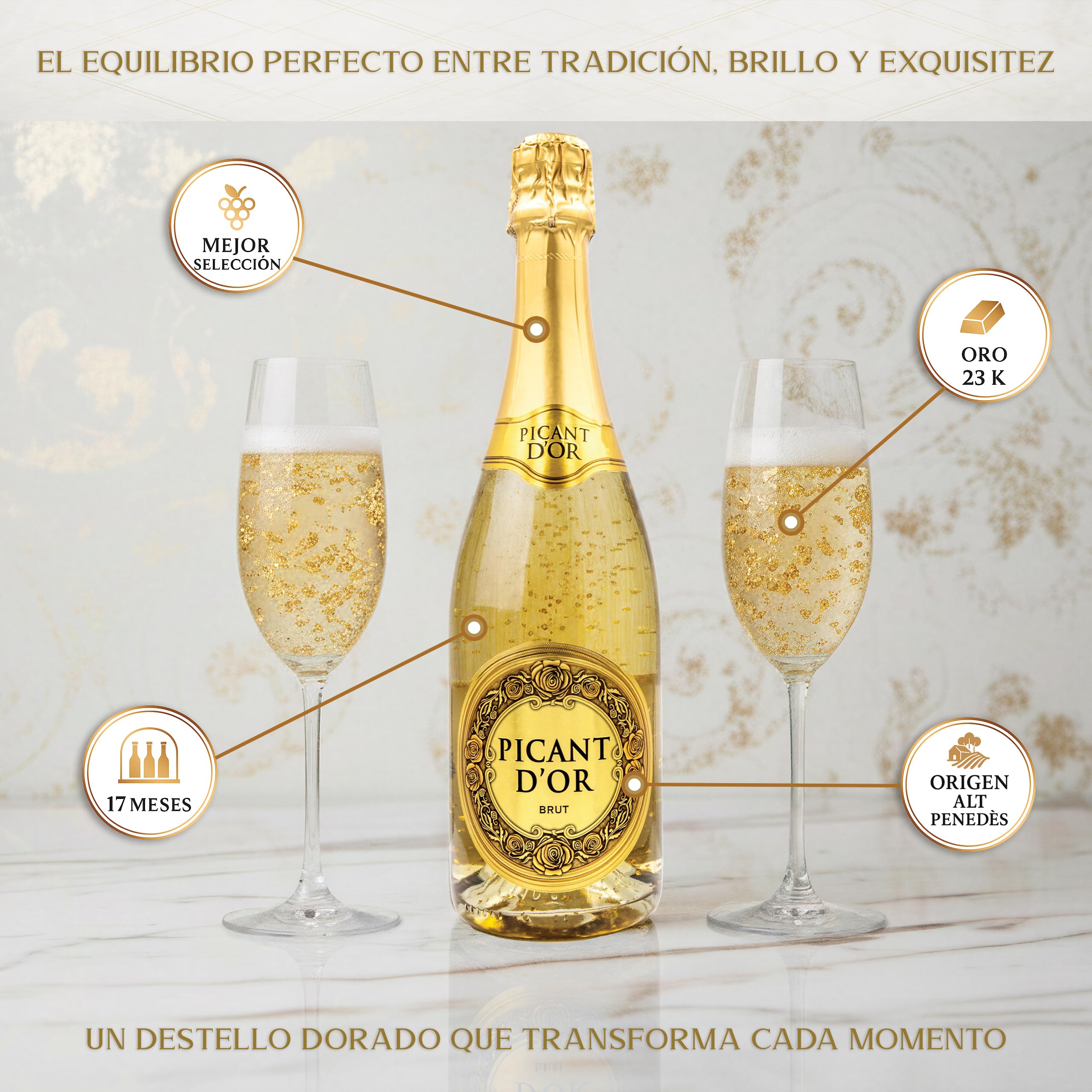 PICANT D'OR - Vino Espumoso Brut con Virutas de Oro 23K – Vino Método Tradicional - vino espumoso con oro – 750 ml – Para eventos festivos, Exclusivo, Lujo y Celebración