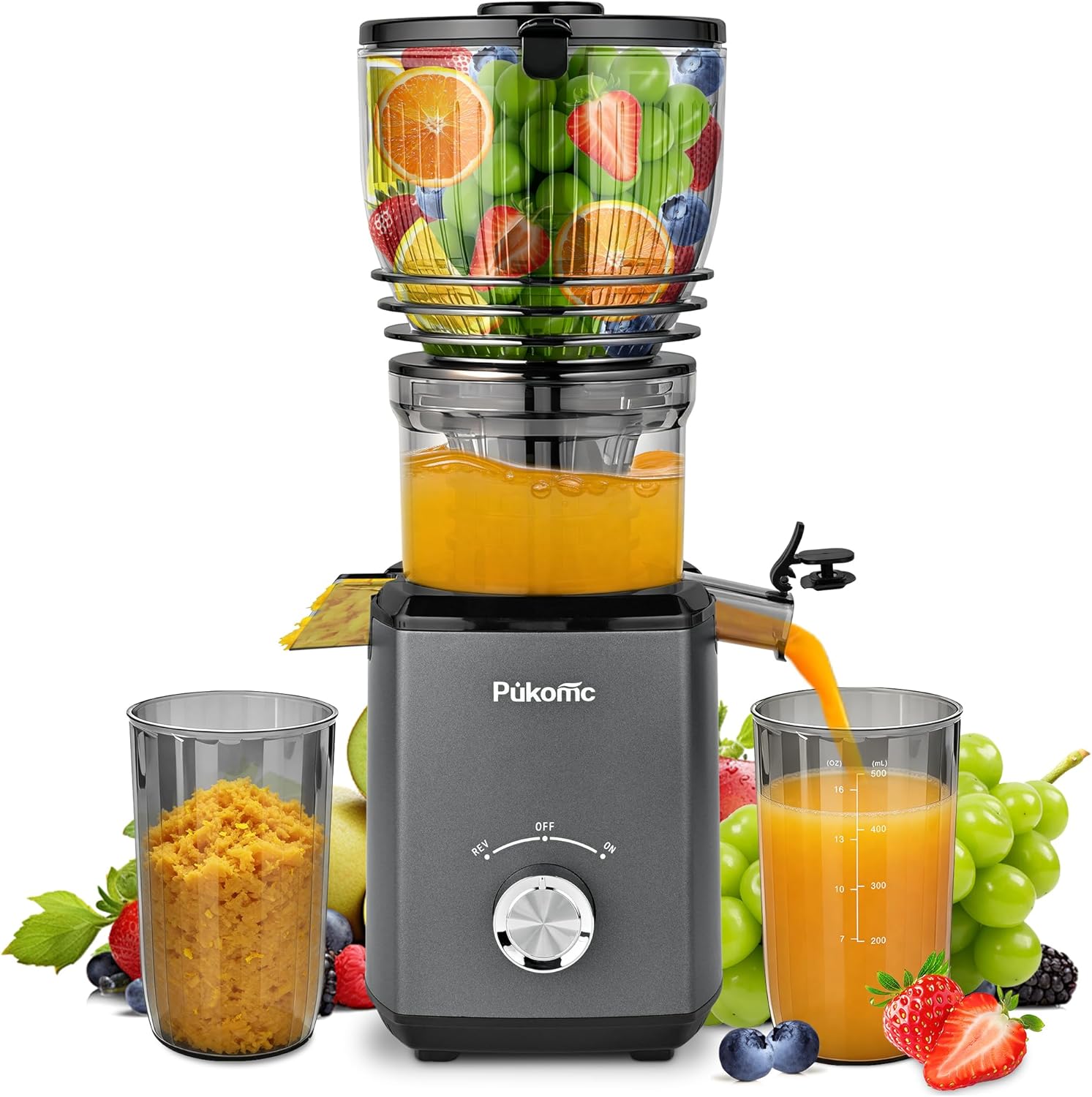 Pukomc Cold Press Juicer, 5.8-inch wide feed chute for whole fruits and vegetables – 1.8L Capacity 300W Cold Press Juicer with slow grinding juicing, includes cleaning brush and juicing cup, grey