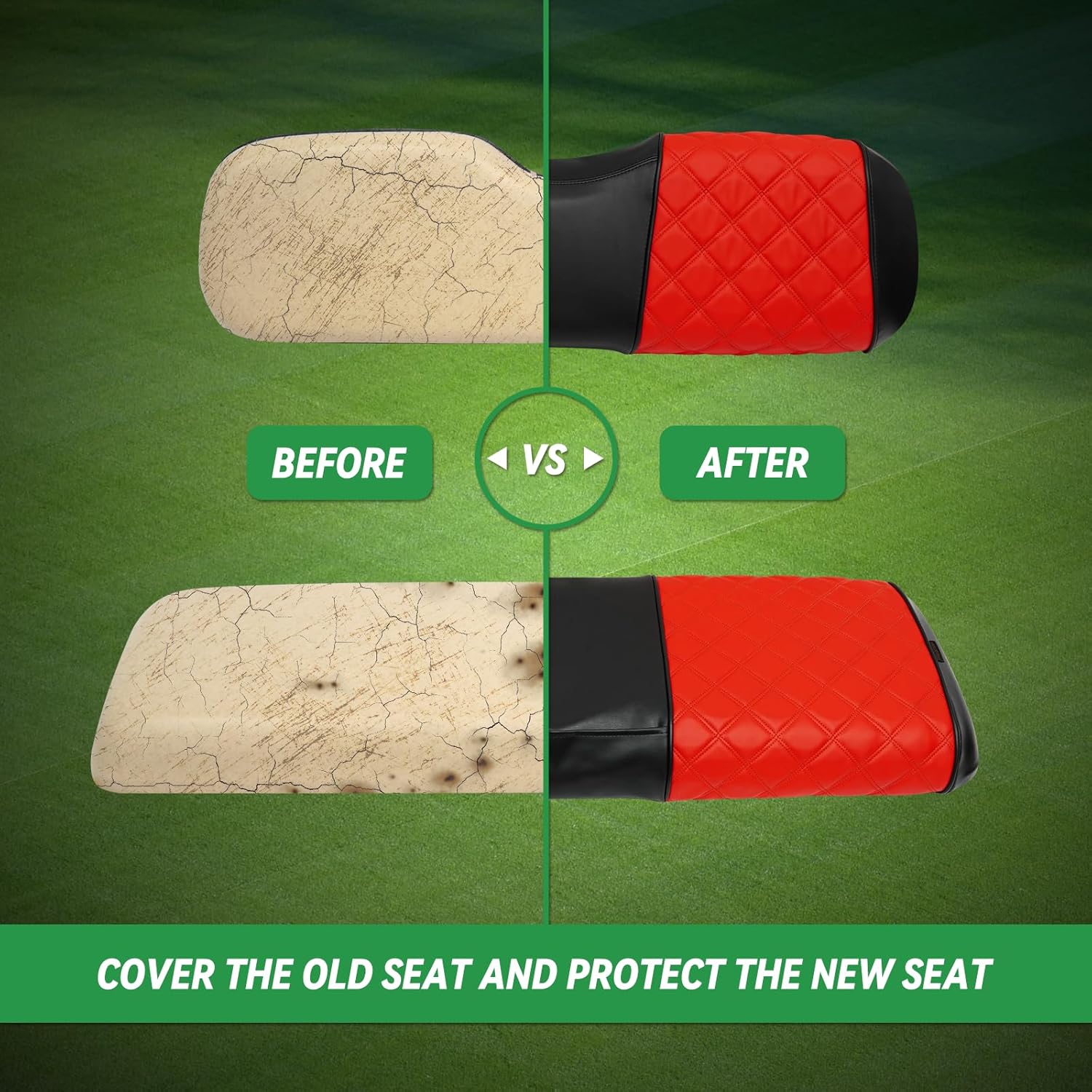 XUANYUDG0769 Golf Cart Front and Rear Seat Covers for Yamaha Drive/Drive 2 OEM Ordinary Front Seat and Aftermarket Common Rear Seat Kits, No Stapler Vinyl Leather Diamond Seat Covers