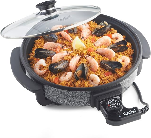 VonShef Multi Cooker 1.5L 30cm Electric Frying Pan with Lid & Adjustable Temperature Control, Easy Clean, Non Stick Aluminium with Cool Touch Handles & Detachable Power Cable for Serving 1500W