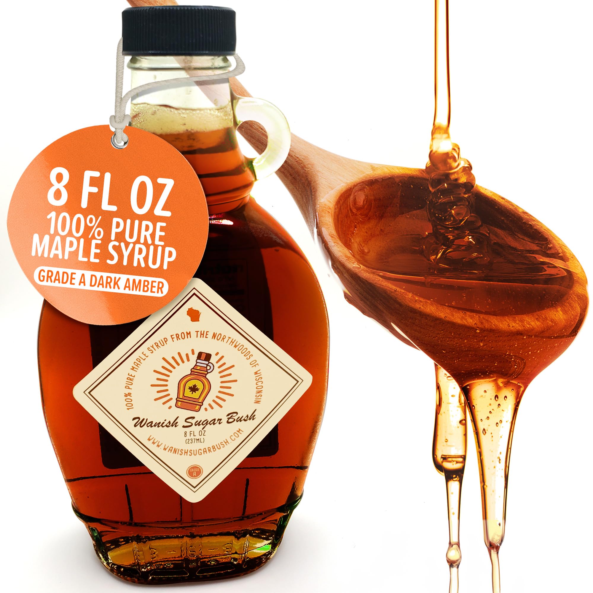 WANISH SUGAR BUSH - 100% Pure Organic Maple Syrup, 8 oz Glass Bottle, Grade A Dark Amber, Wisconsin Northwoods, for Pancakes, Waffles, Coffee & Baking