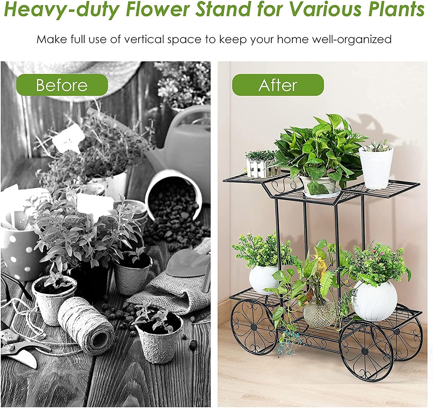 LDAILY LUARANE Garden Cart Metal Plant Stand, Succulent Collection Flower Pot Holder Display Shelf with 4 Decorative Wheels, Suitable for Garden Patio Balcony Florists (6 -Tier)