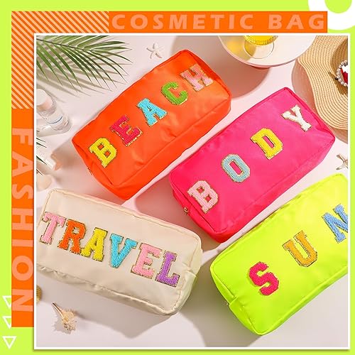 Miniatura 3 de Pinkunn 4 bolsas de maquillaje de chenilla con parche de letras de chenilla, bolsa de cosméticos para viajes de verano, playa, sol, bolsa de