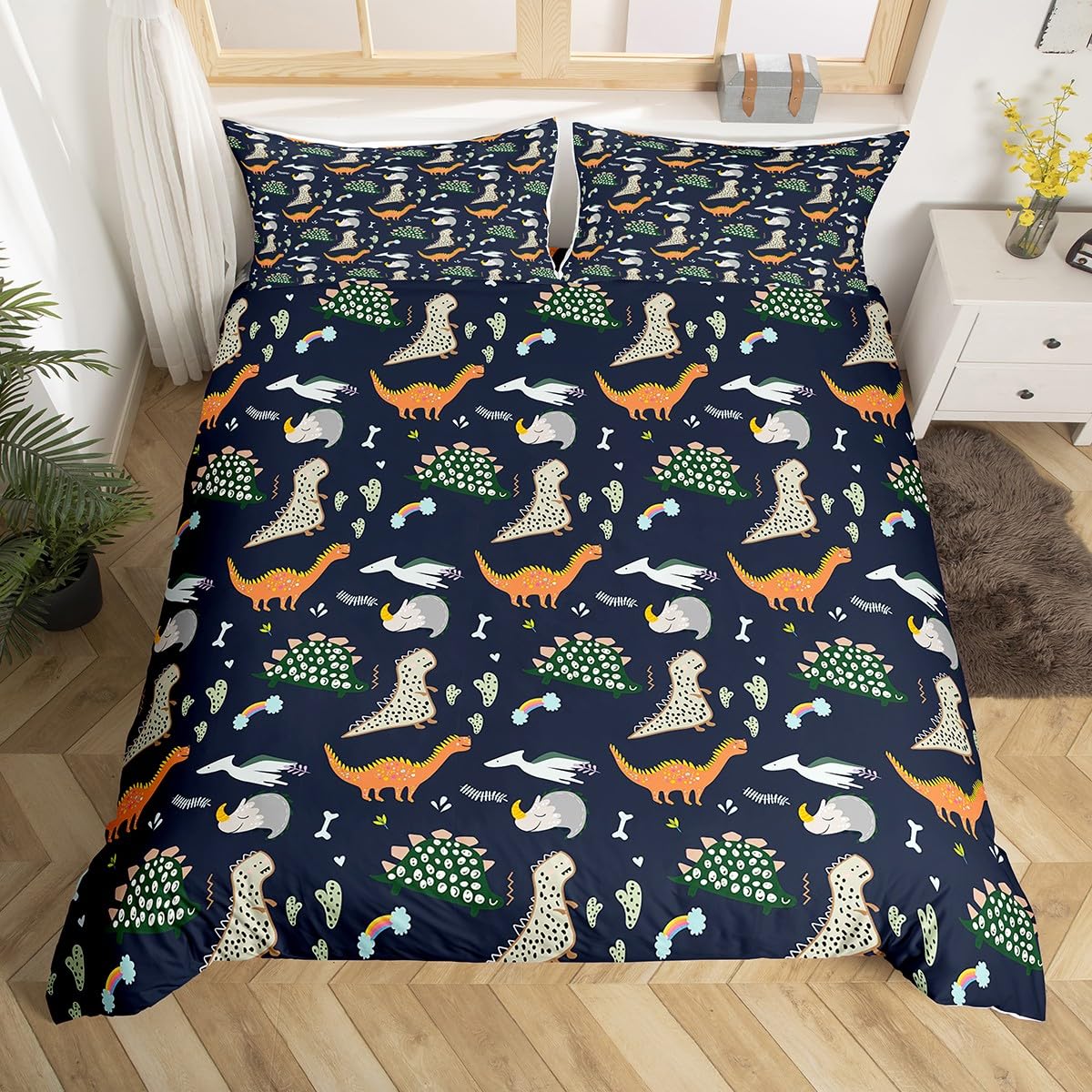 Homemissing Cartoon Dino Bedding Set Dinosaur Pattern Duvet Cover for Kids Jungle Dino Comforter Cover Boys Girls Kawaii Dino Bedspread Cover With 2 Pillow Case Double
