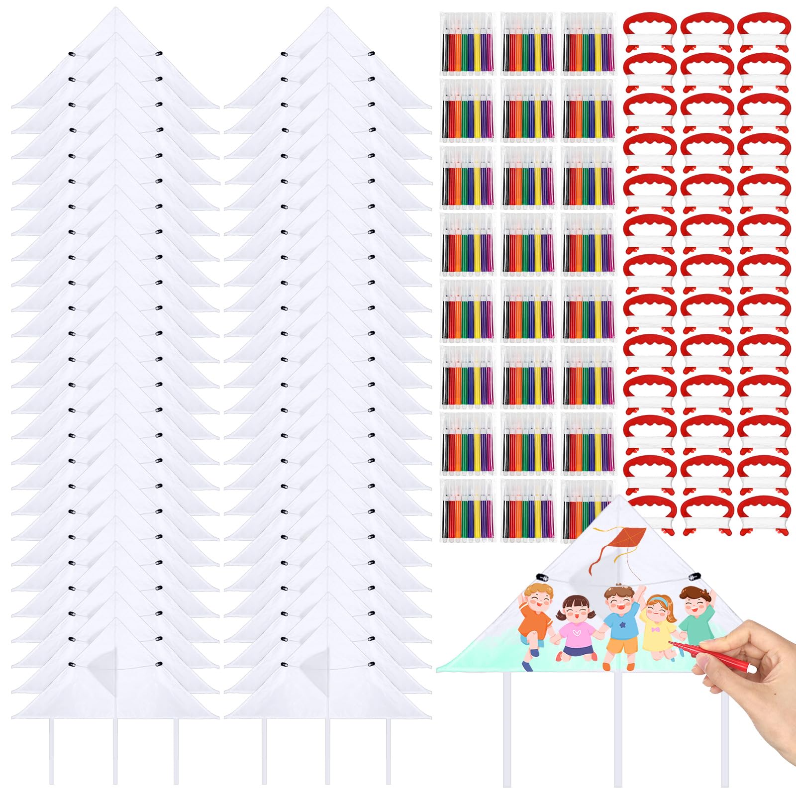 Syhood 50 Pcs DIY Kites for Kids Making Kit 20 Inch Summer Decorating Coloring Kites with Watercolor Pens and String Making Craft Kits for Outdoor Game and Activities